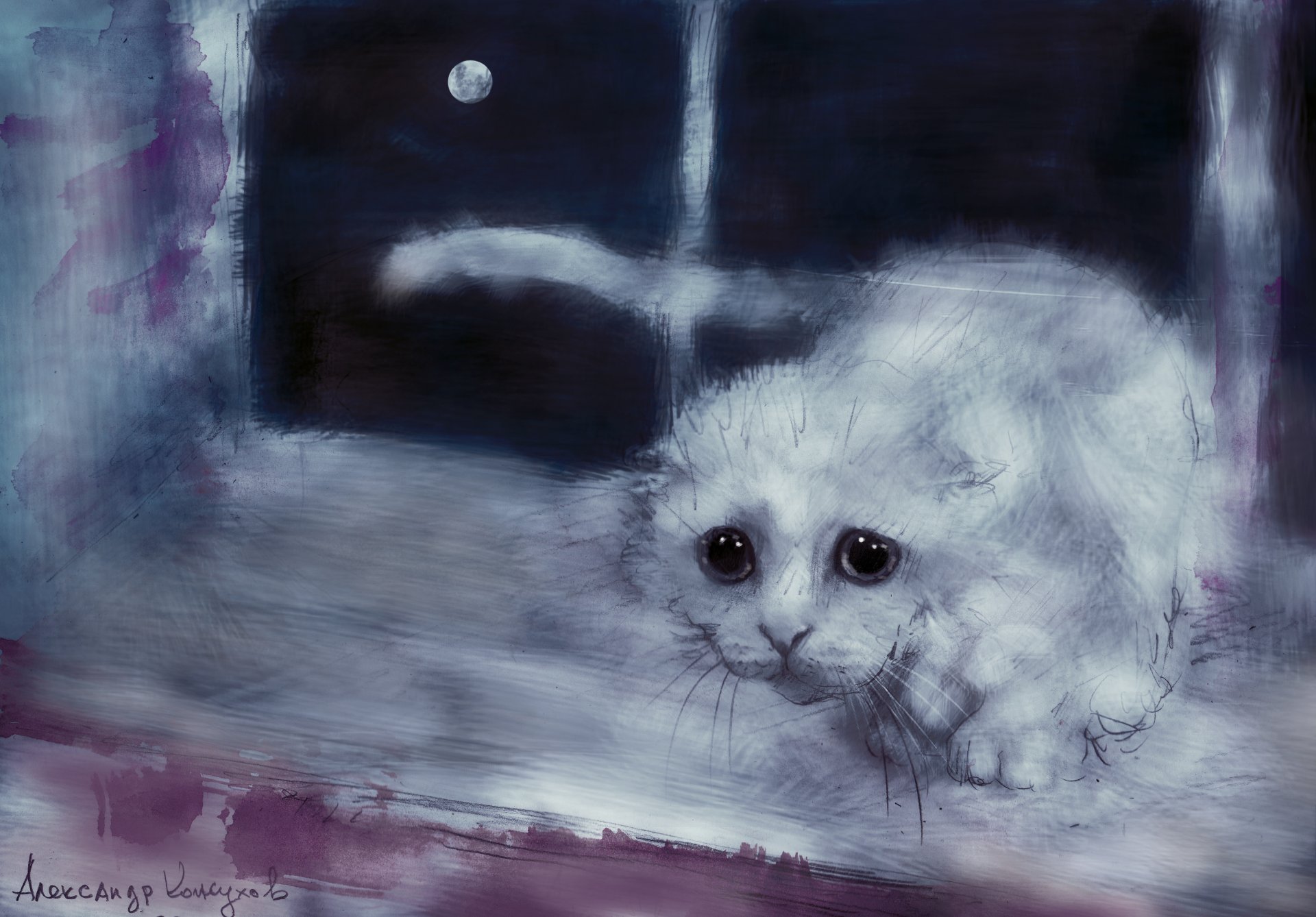 dibujo arte alexander kozhukhov gato blanco vista ventana alféizar de la ventana luna