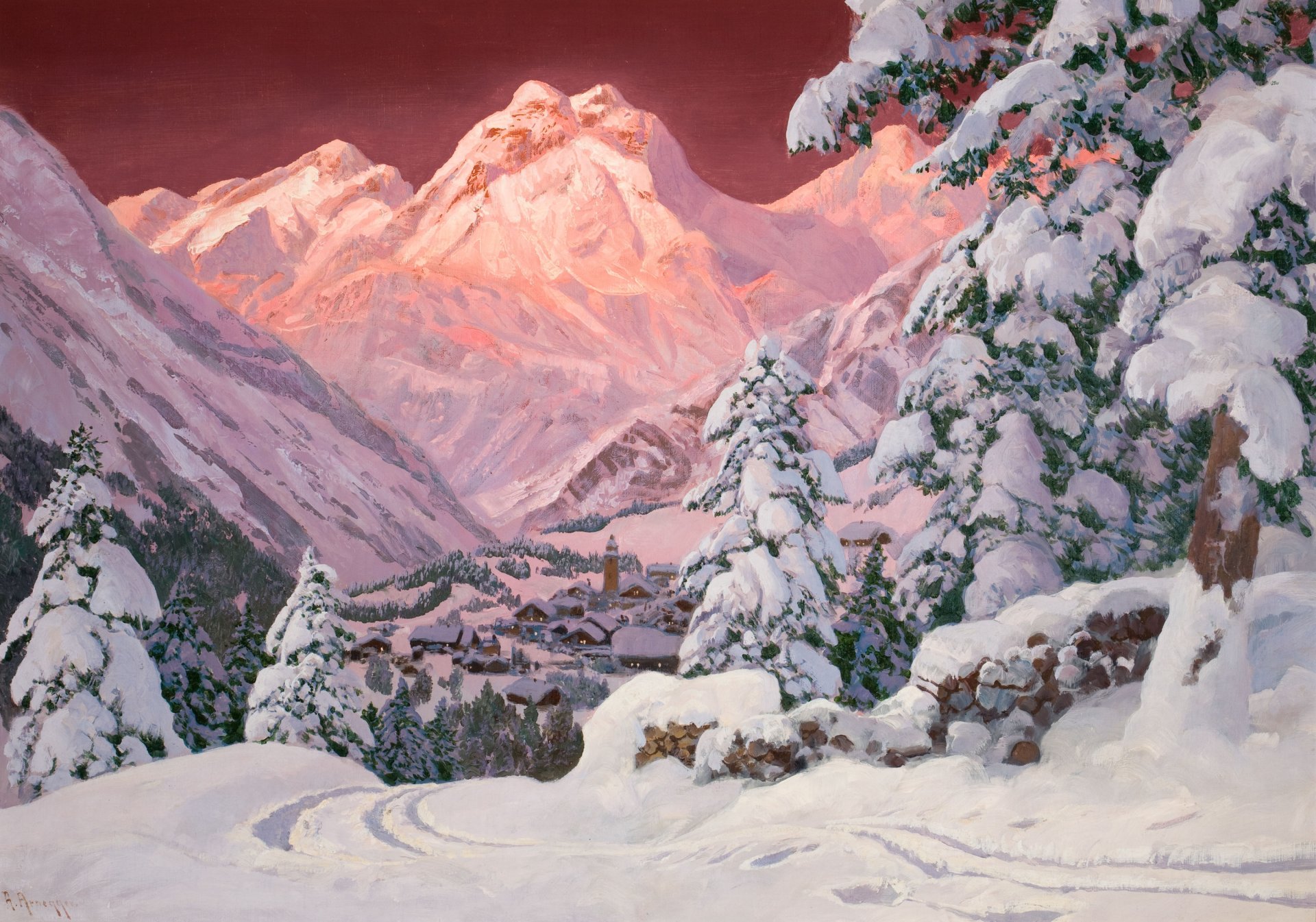 alois arnegger. invierno alpes nieve puesta de sol rosa montañas árbol de navidad casas