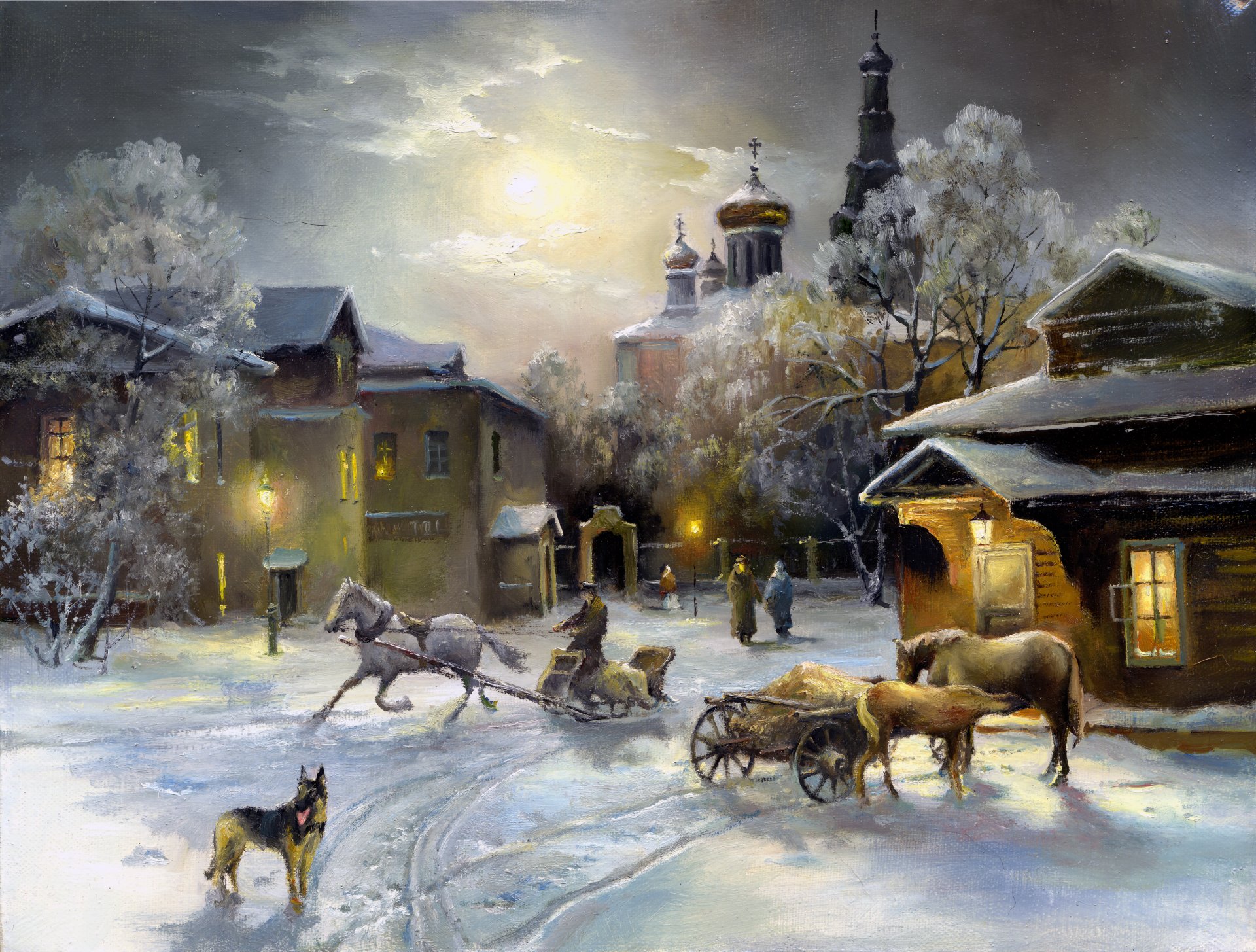 pintura nieve invierno. casa ventanas luz caballos perro perro pastor iglesia cielo