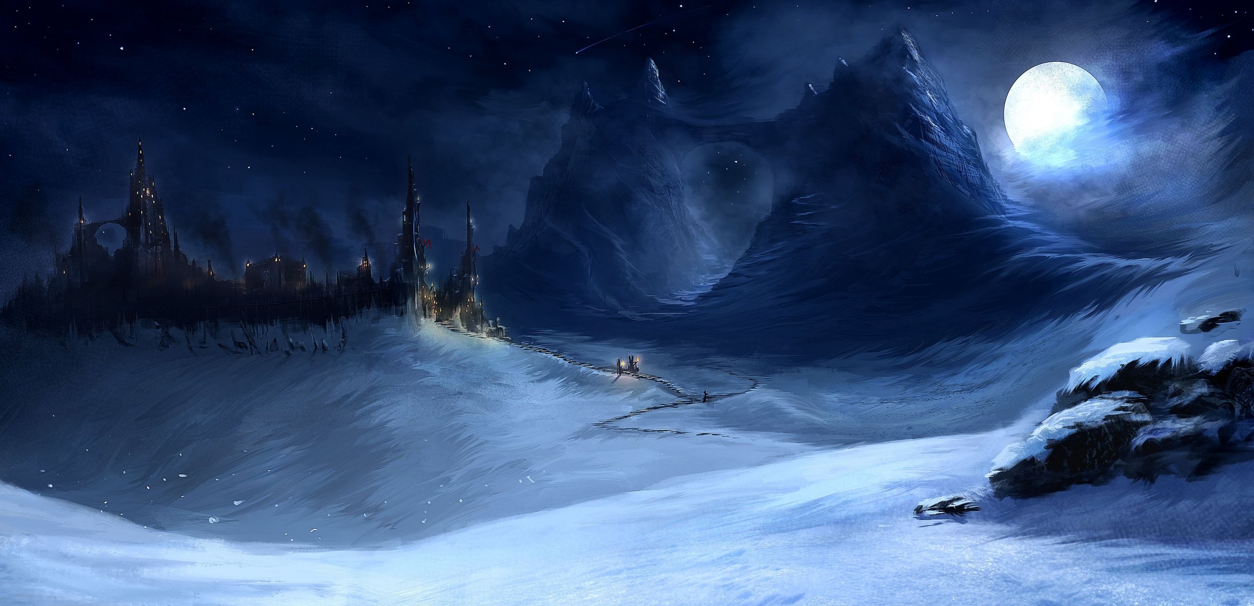 mountain night castle lights snow moon