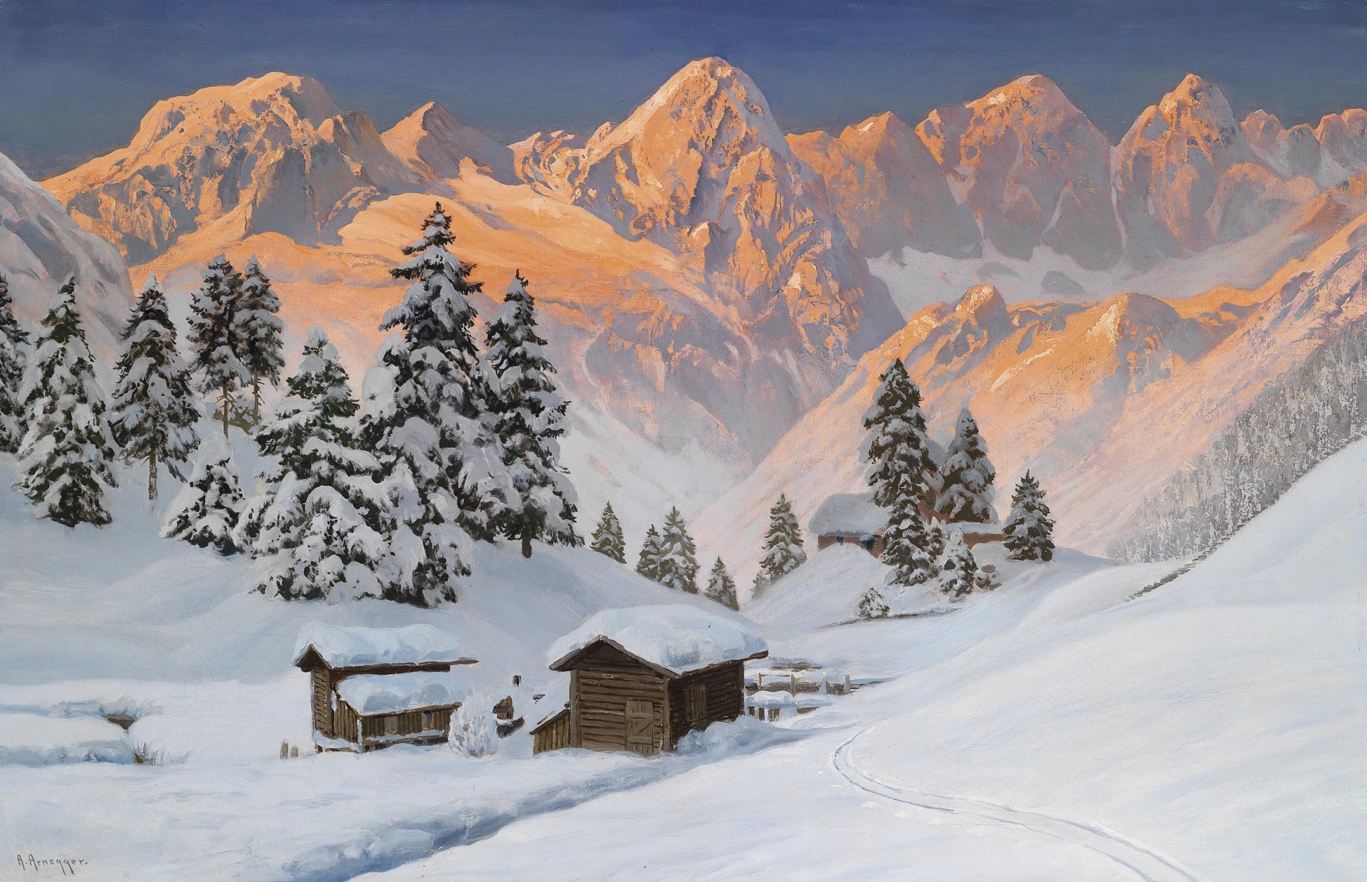 alois arnegger .inverno alpi paesaggio montagne d oro neve albero di natale