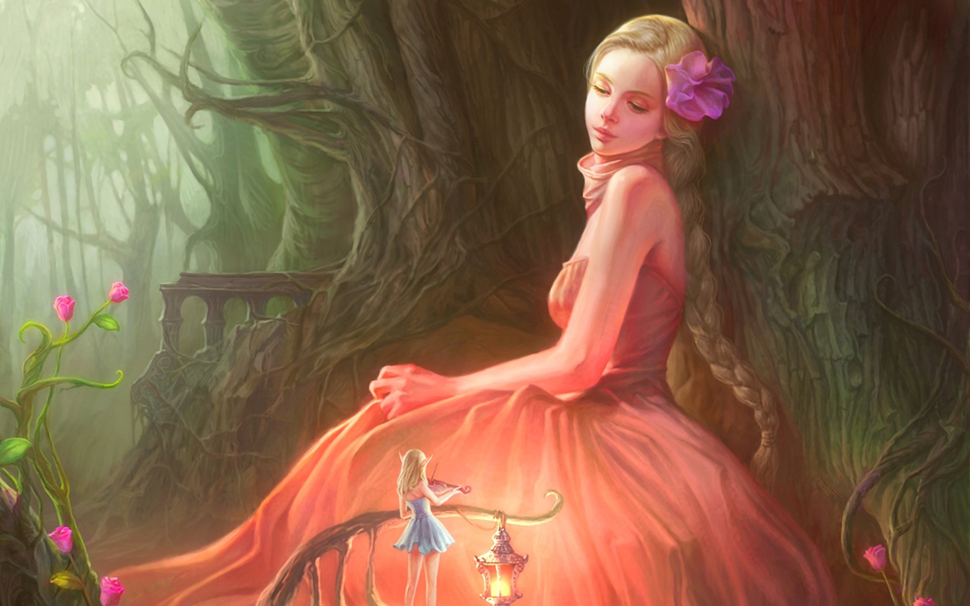 girl blonde dress fairy violin light forest flower