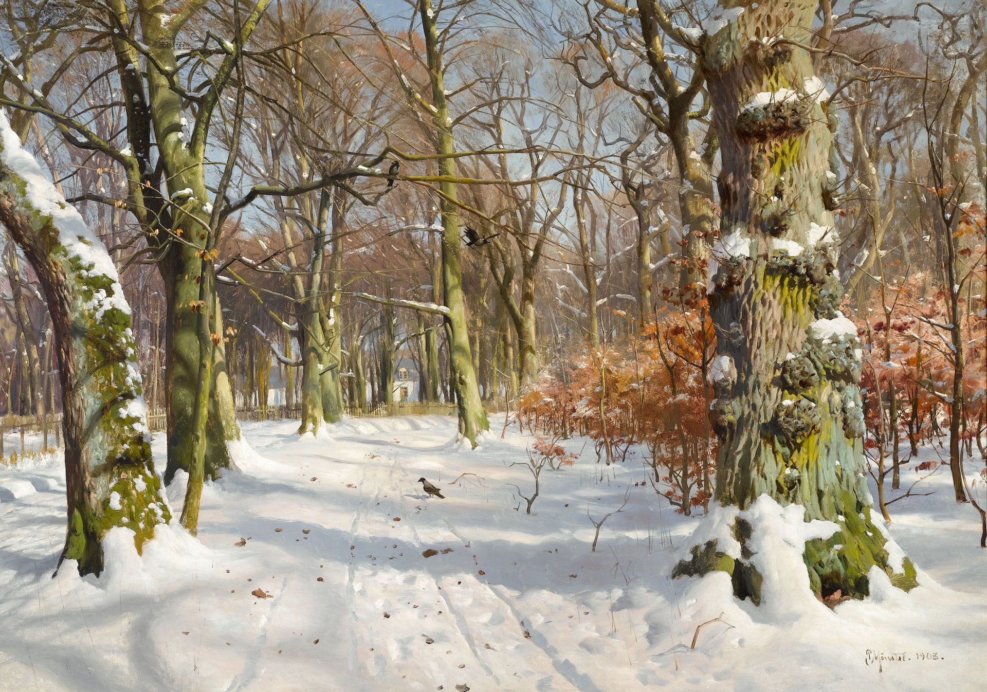 peinture paysage peder mork monsted hiver parc bosquet arbres écorce mousse neige traces corbeaux oiseaux lumière