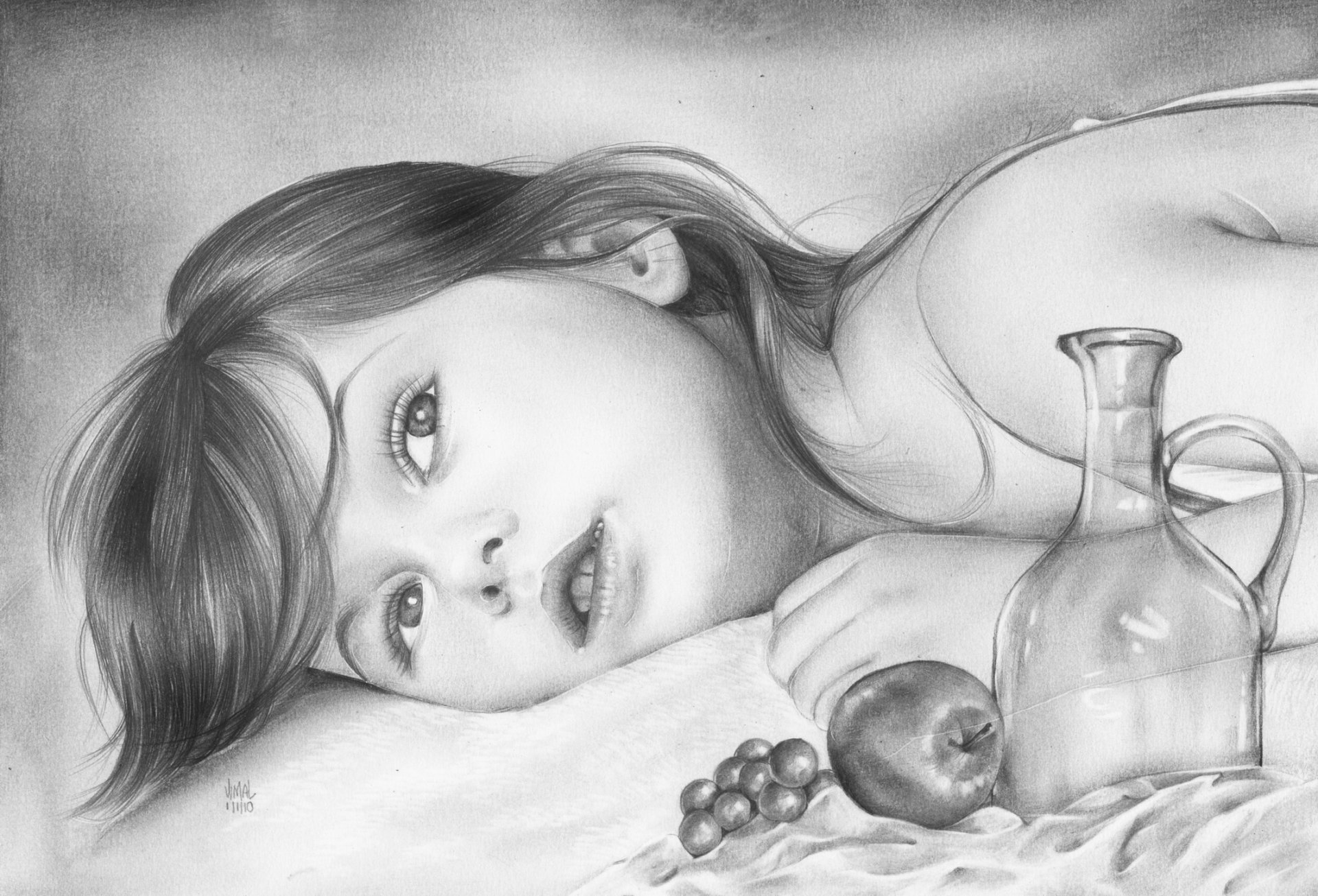 painting pencil child girl is face view apple grape