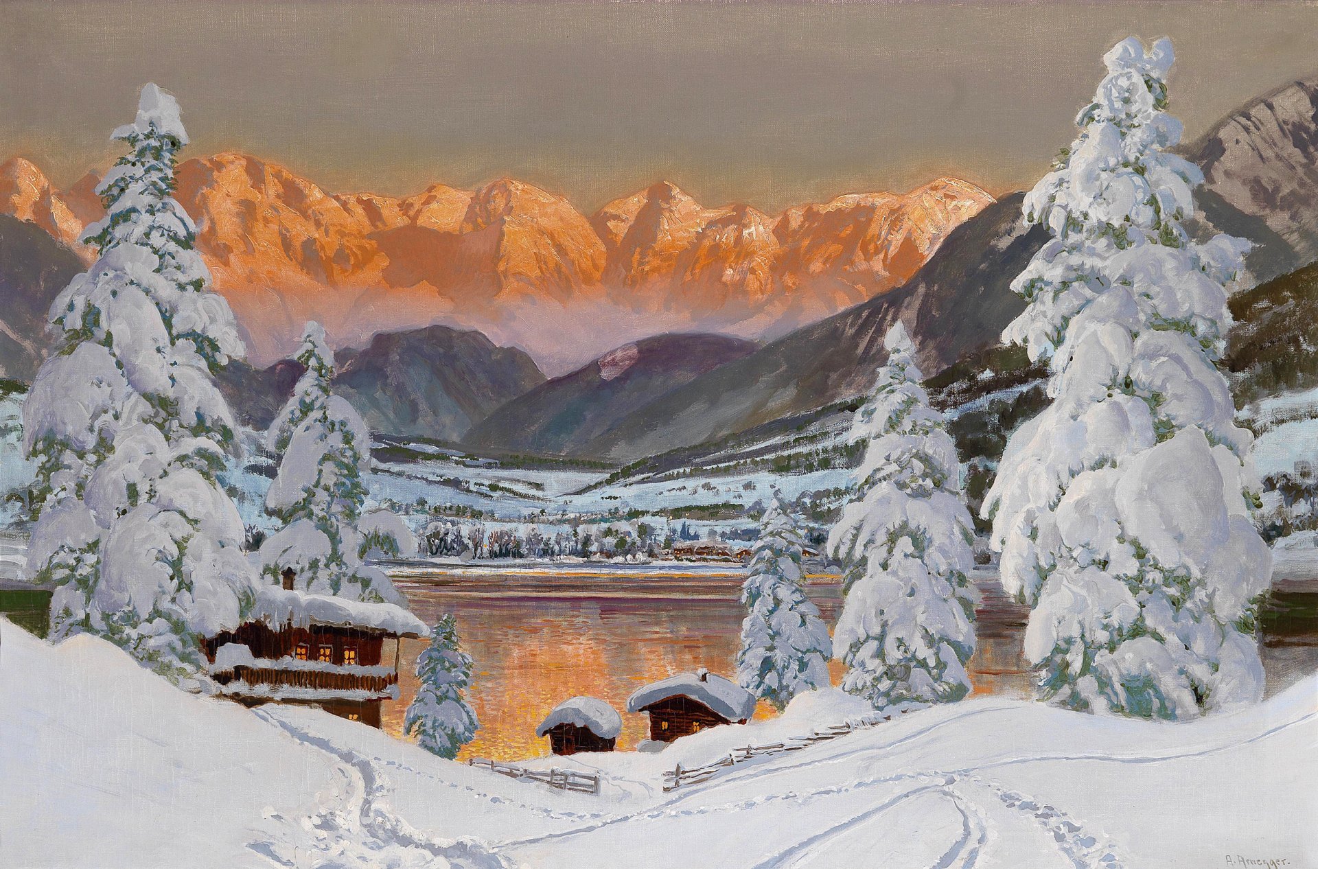 alois arnegger .inverno alpi paesaggio montagne neve tramonto albero di natale case ghiaccio oro nebbia