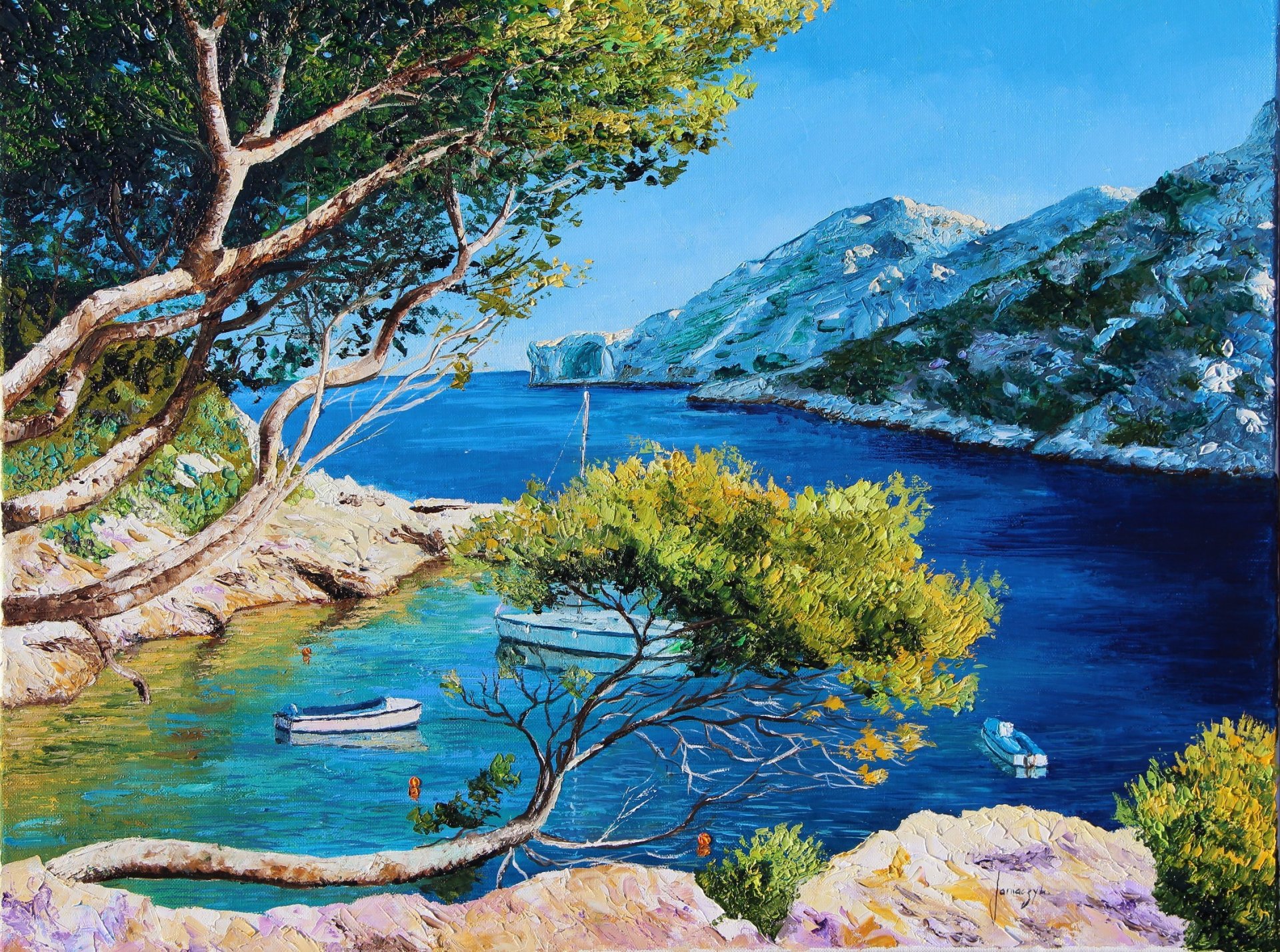 pattern landscape art jean-marc janiaczyk sea mountain light lagoon shore tree branches boat yacht