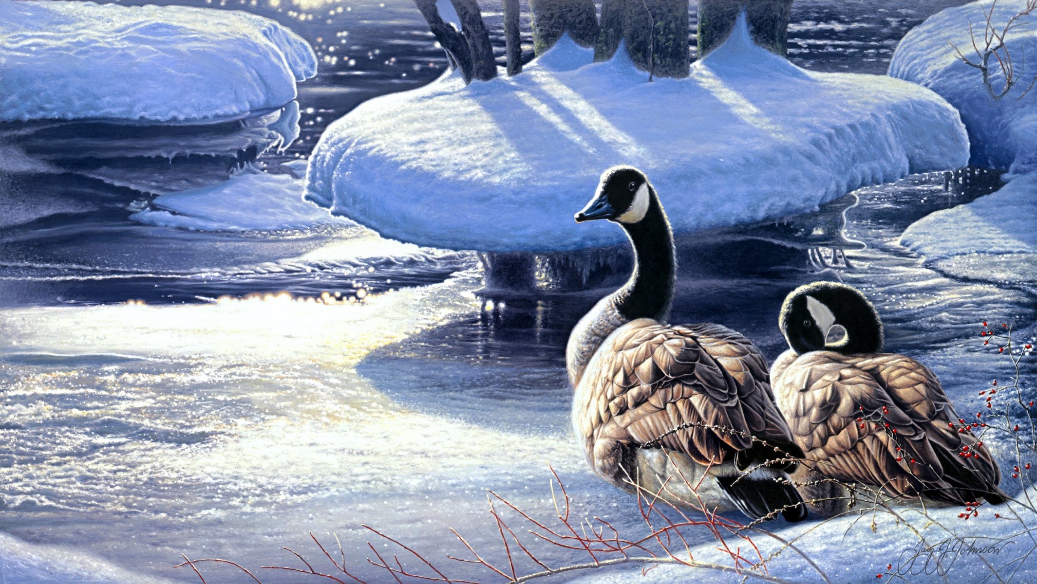 jay johnson winter thaw painting winter snow river geese a couple of geese