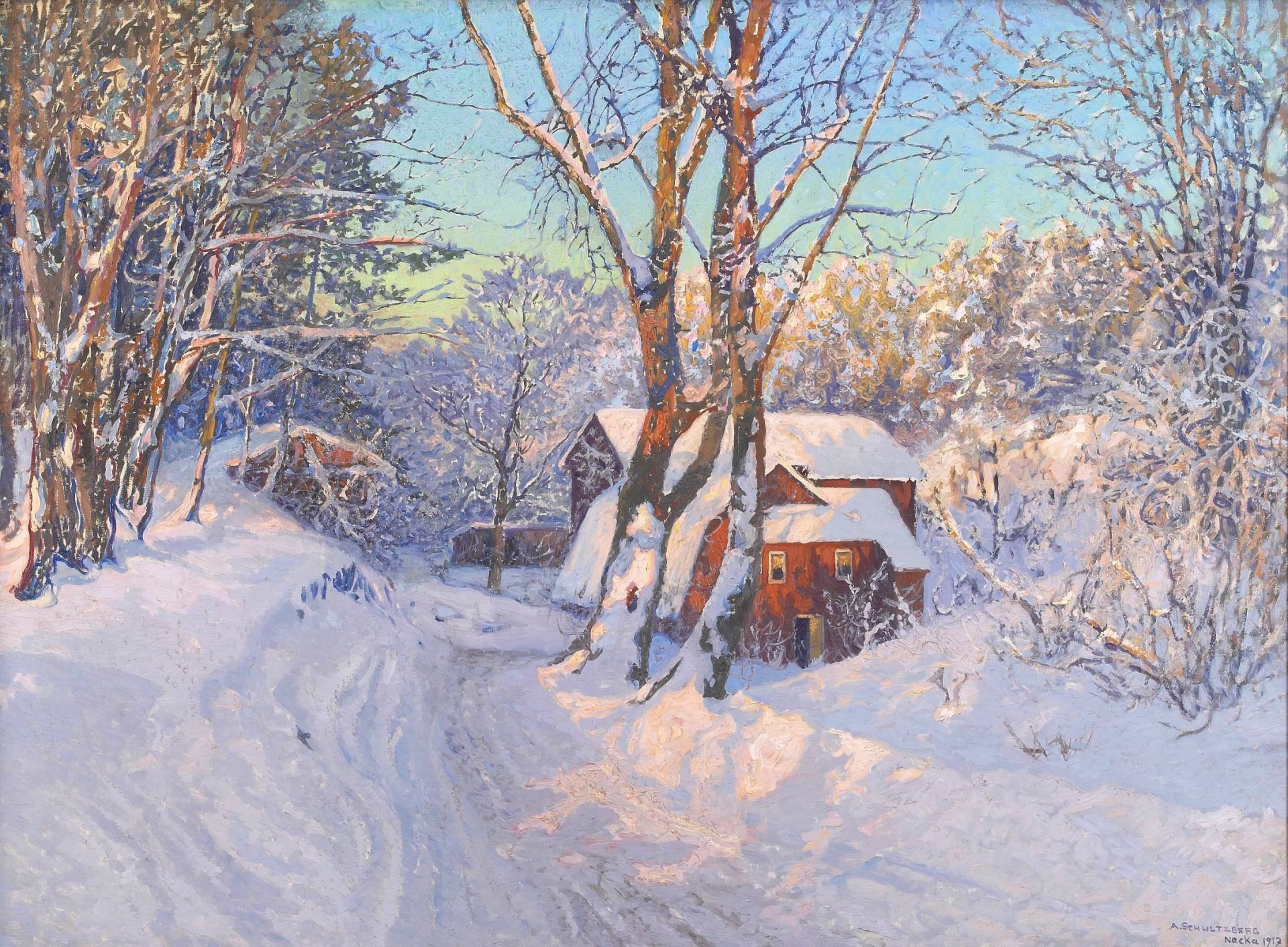 anshelm leonard schultzberg paisaje amanecer invierno nieve cabaña