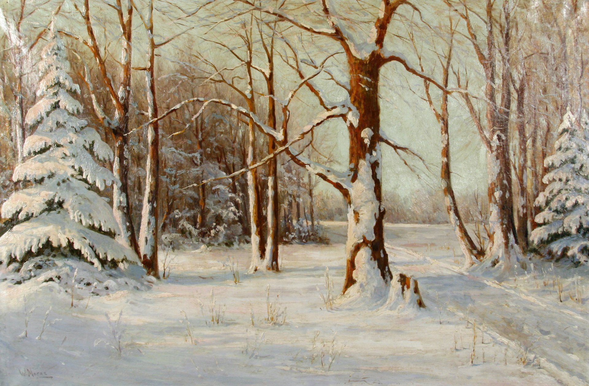 peinture paysage walter moras hiver neige forêt arbres arbres de noël