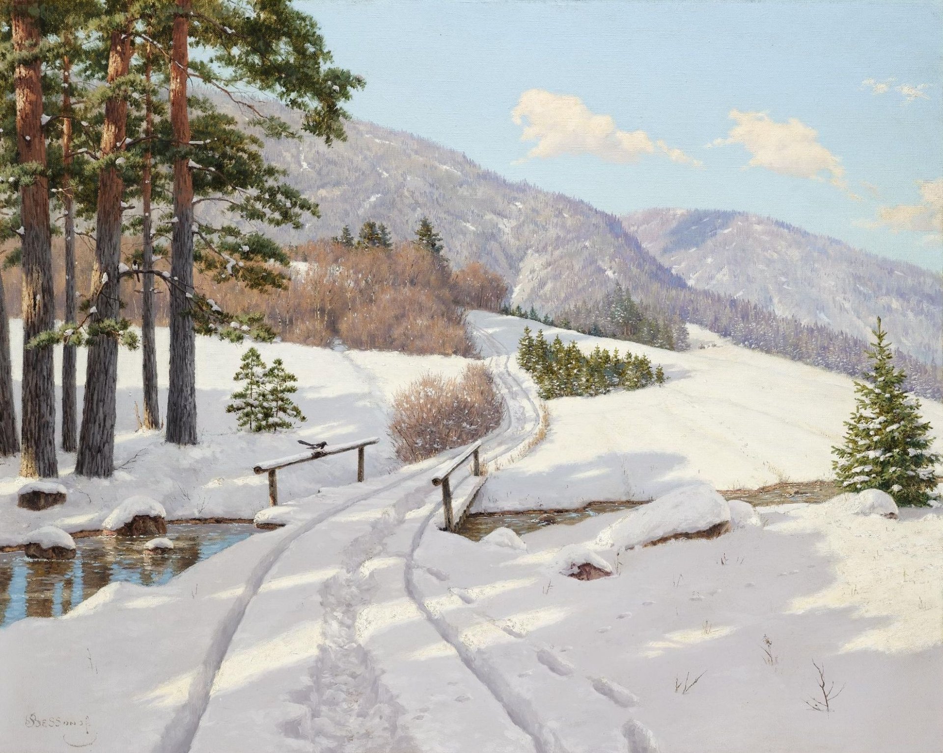 peinture paysage boris bessonov hiver forêt montagnes neige arbres pins arbres de noël rivière pont garde-corps pie ornière dérives