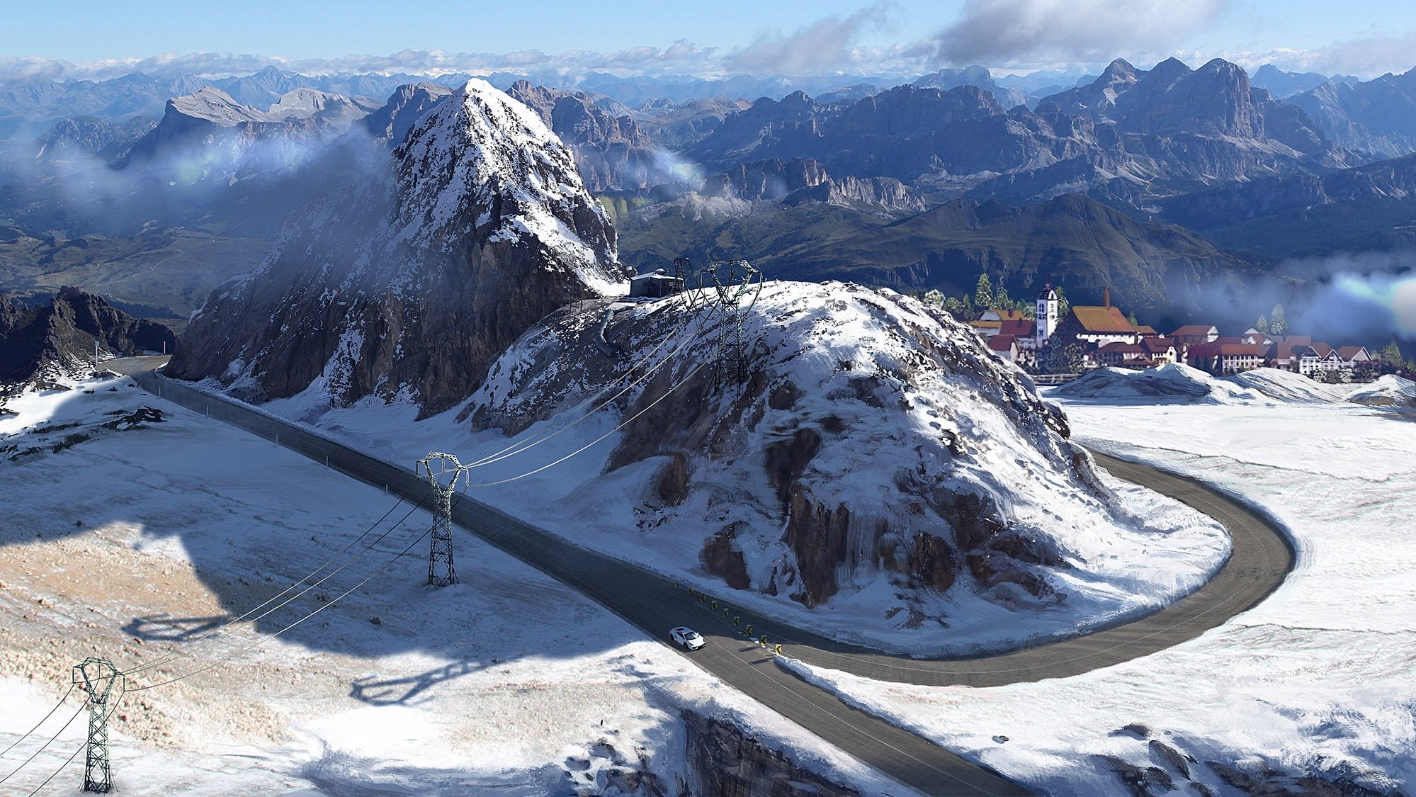 arte montagne città macchina strada neve linea di alimentazione