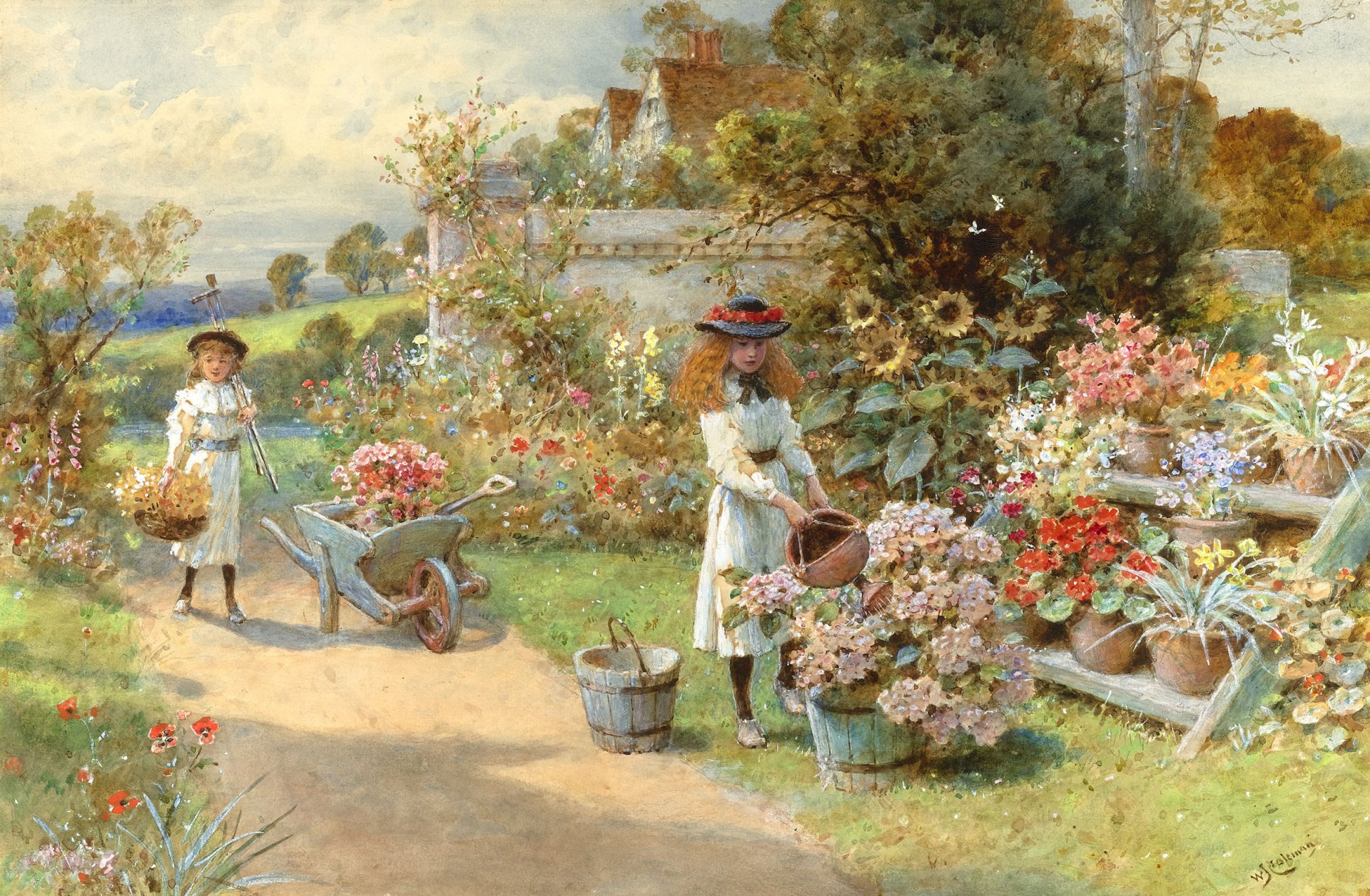 pintura william stephen coleman verano niños niñas sombreros flores girasoles jardín árboles casa cestas carretilla cerca arroyo camino estado de ánimo