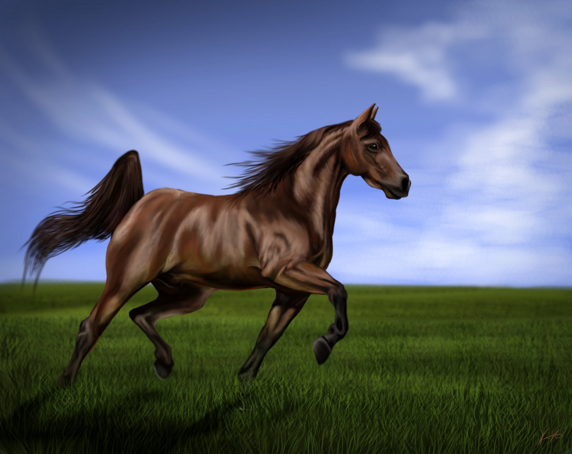 painting art horse jumps mane tail grass green shadow sky