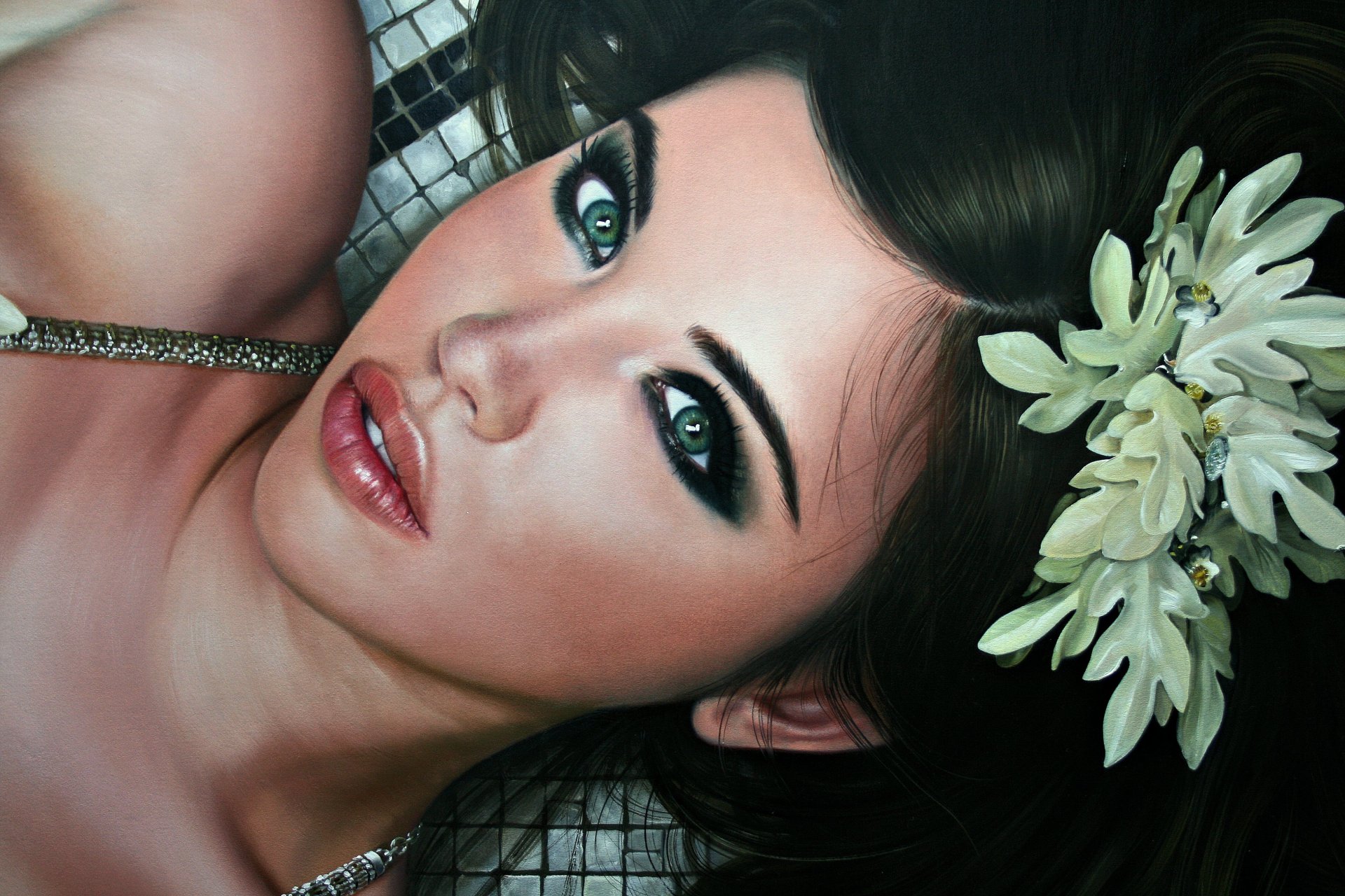 christiane vleugels painting girl beautiful face view eyes lips hair flower i