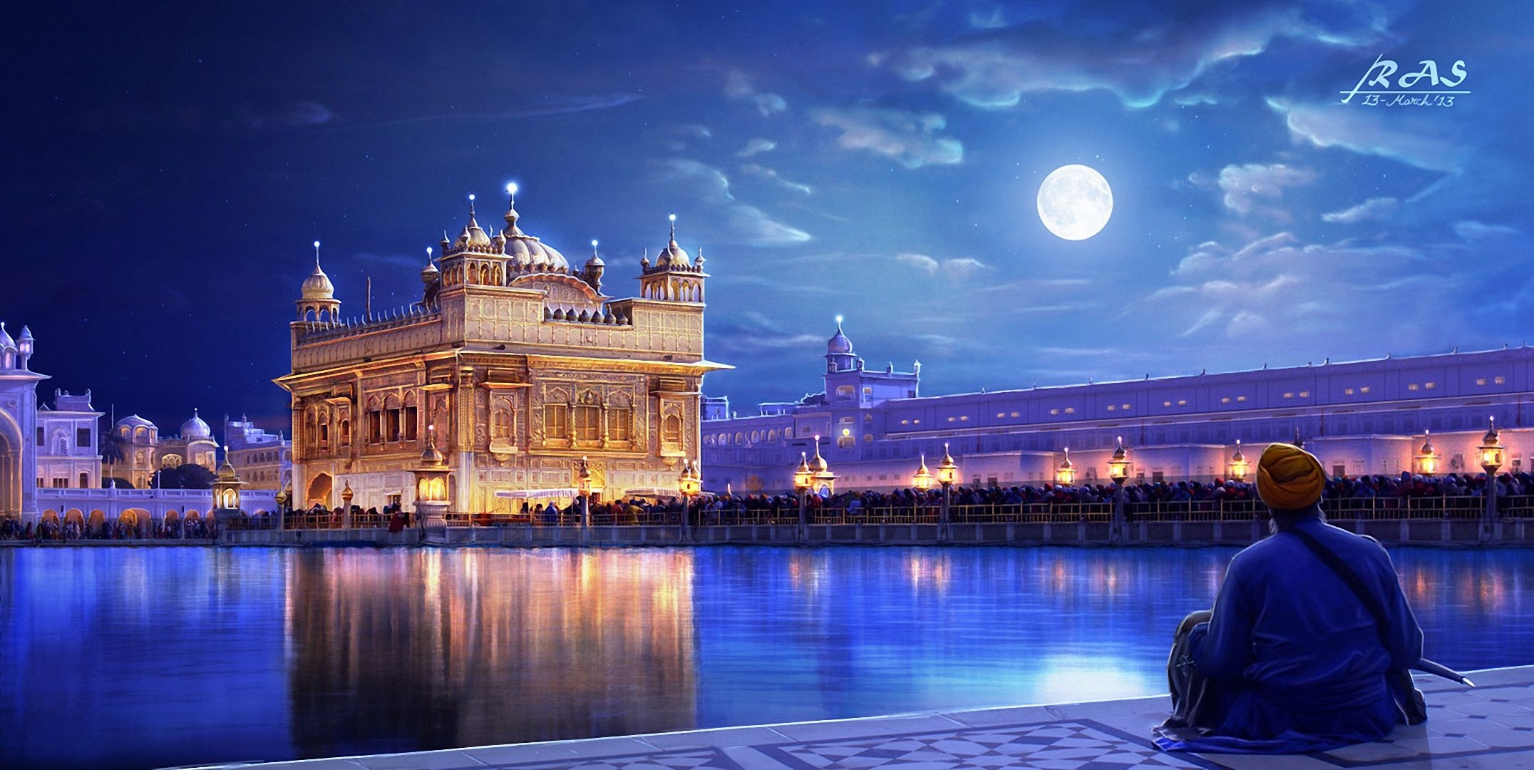 arte tempio d oro punjab india città fiume notte luci uomo persone luna