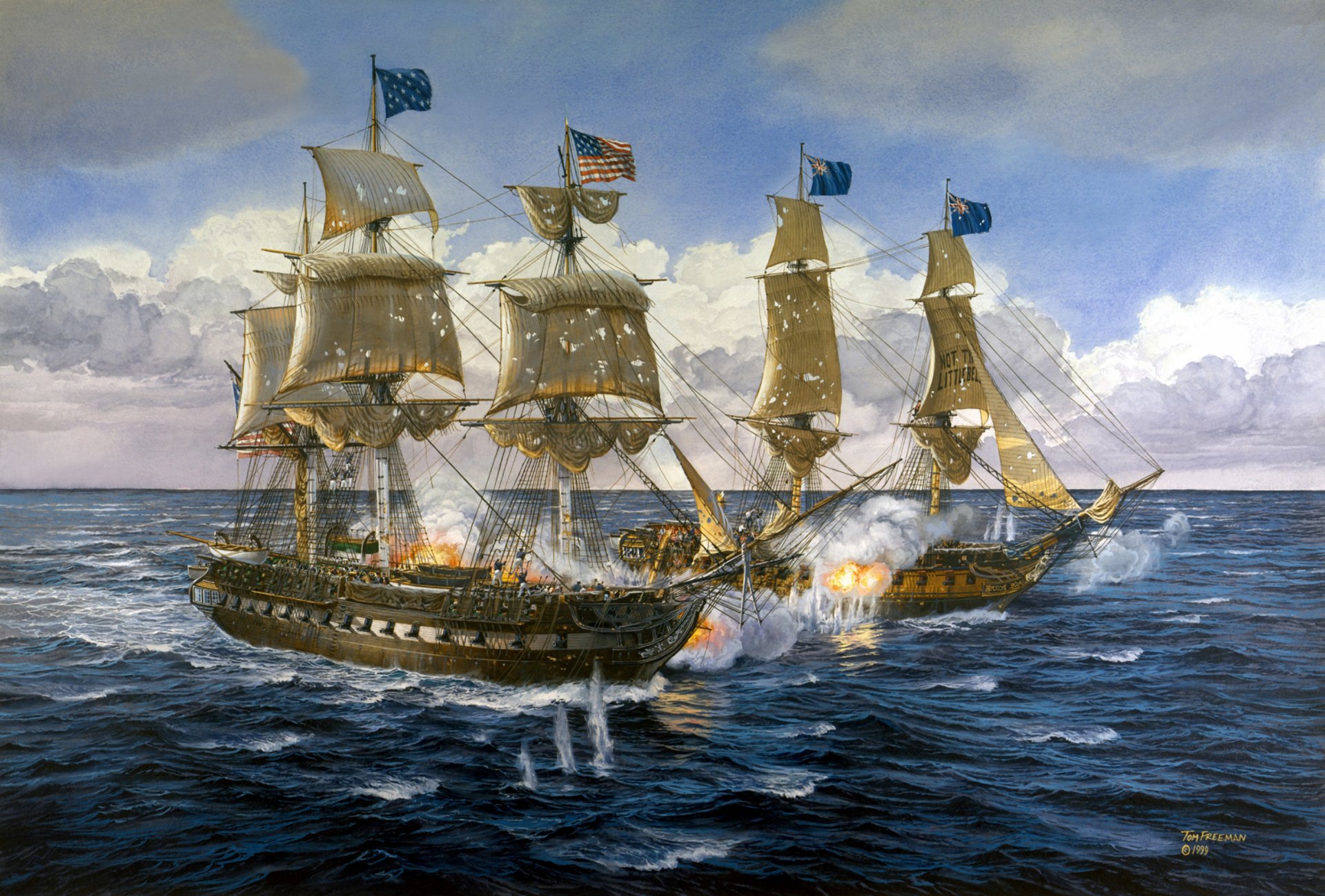 art marine peinture dame de la chance était américaine navires marine bataille des salves des canons des explosions des rafales de l eau artiste tom freeman