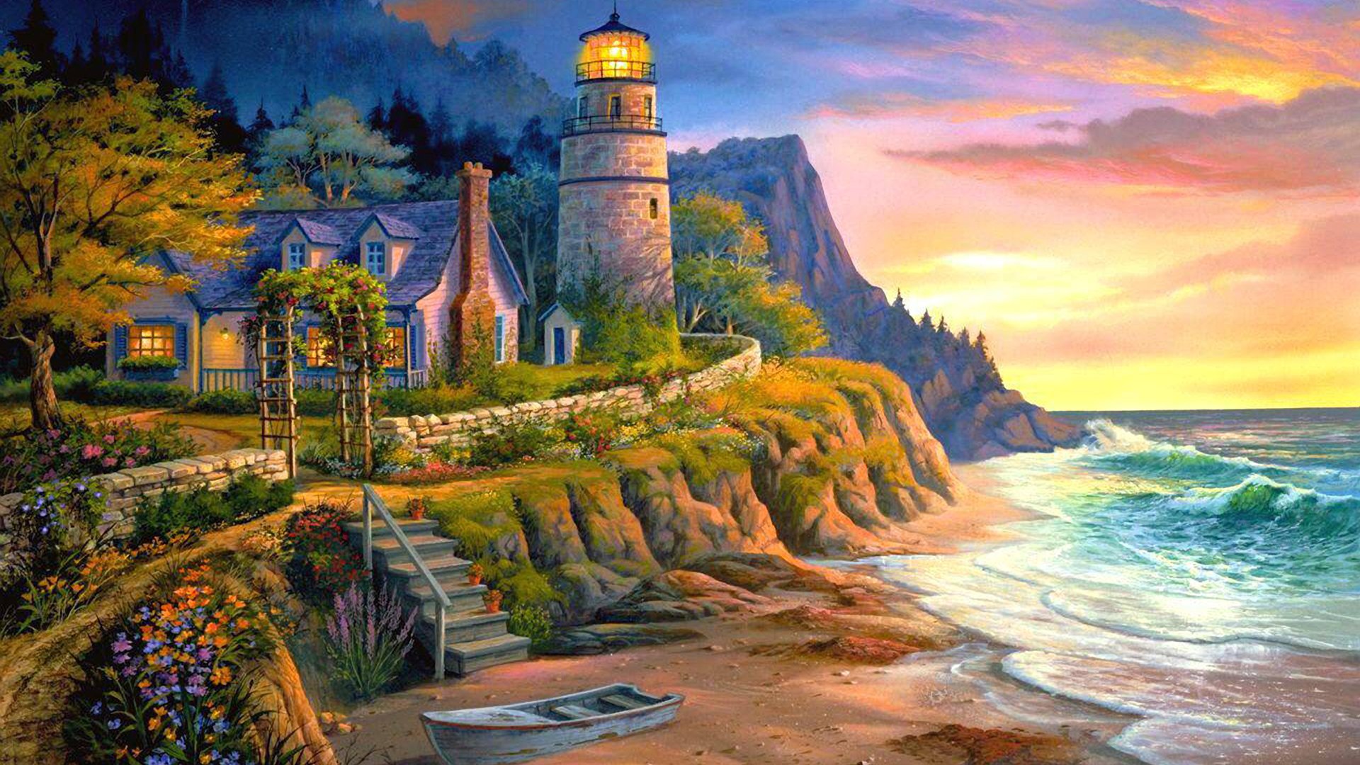 michael humphries lighting the way painting night sunset sea lighthouse house light boat stair