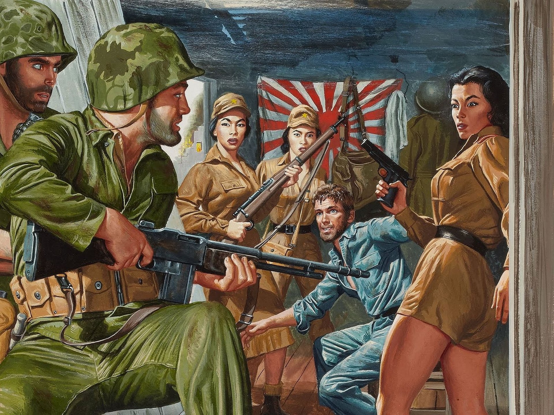 art filles soldats japonais drapeau prisonnier soldats américains arme libération dessin