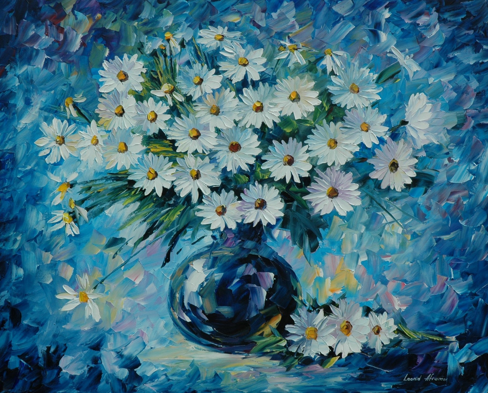 painting flower bouquet chamomile vase leonid afremov