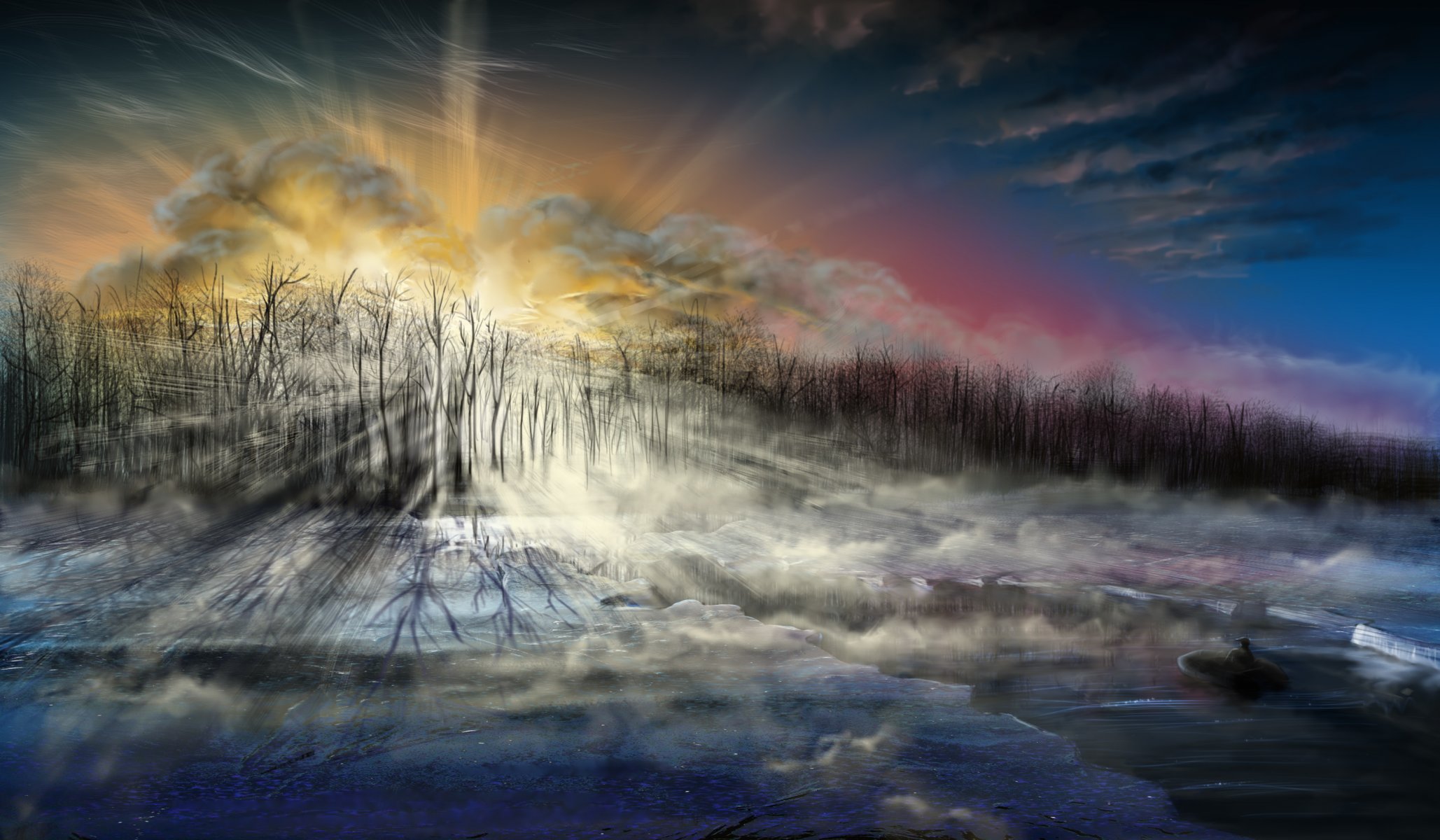 paysage art mer glace froid homme bateau arbres ciel rayons