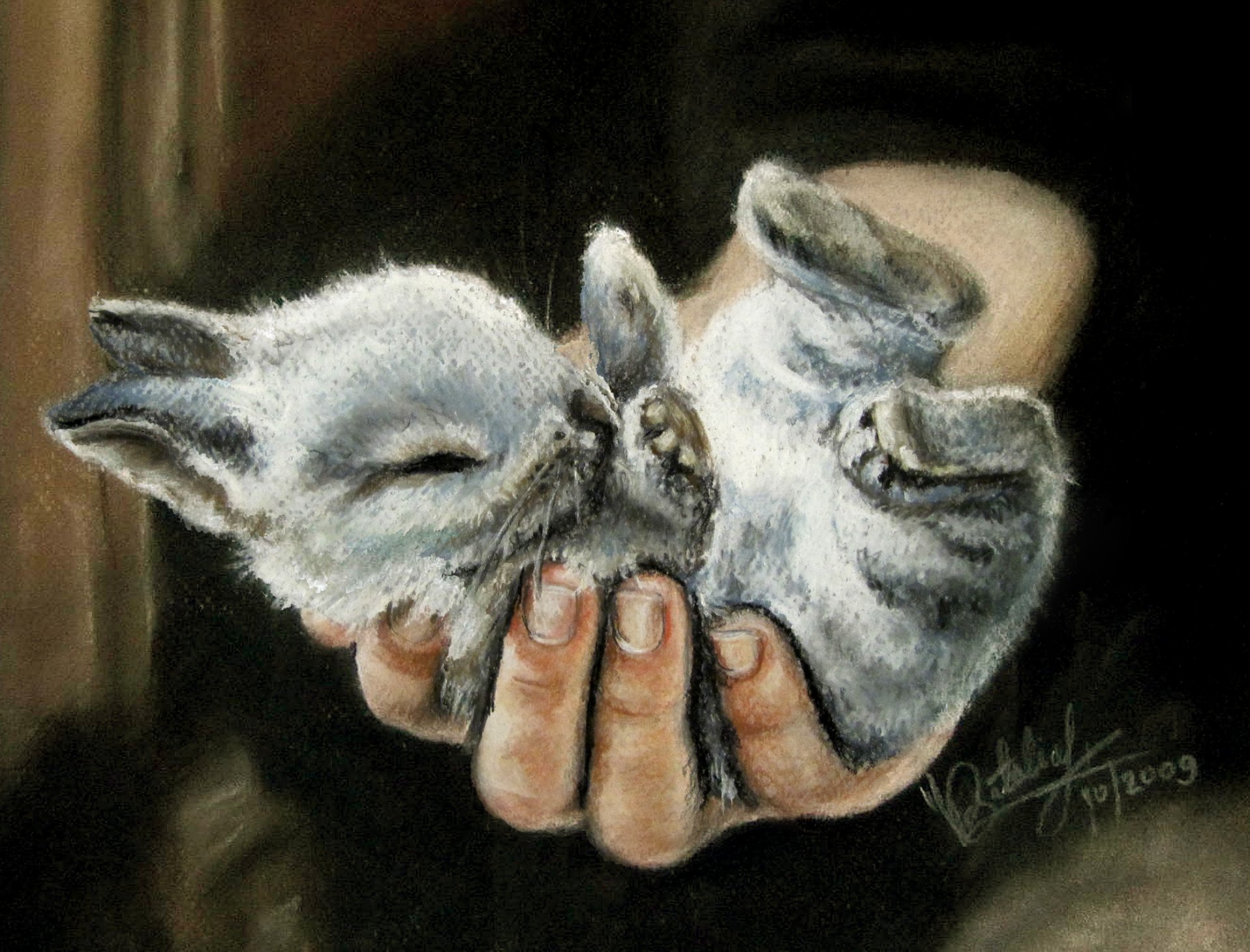 pintura conejito pequeño orejas patas hombre mano