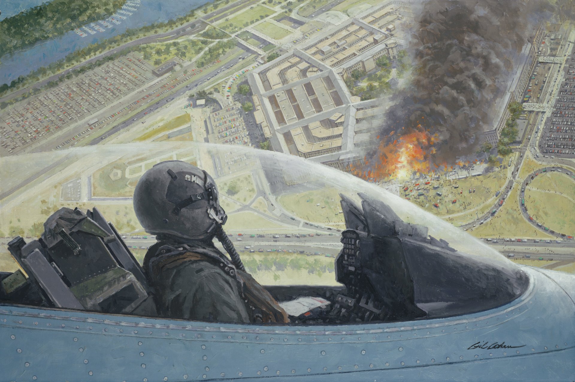 arte virginia washington pentágono 11 de septiembre de 2001 llama fuego humo f-16 avión cabina dibujo