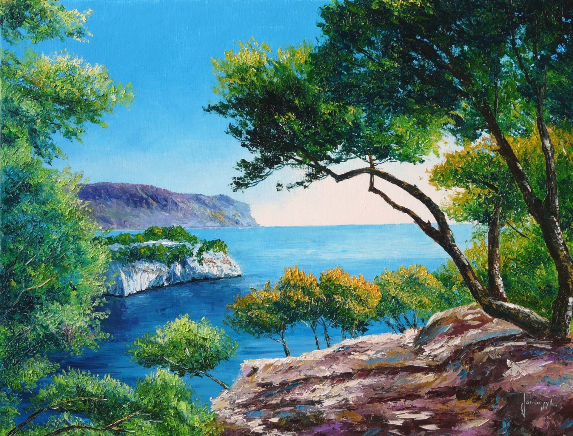 peinture paysage art jean-marc janiaczyk mer montagnes arbres lumière branches pierres