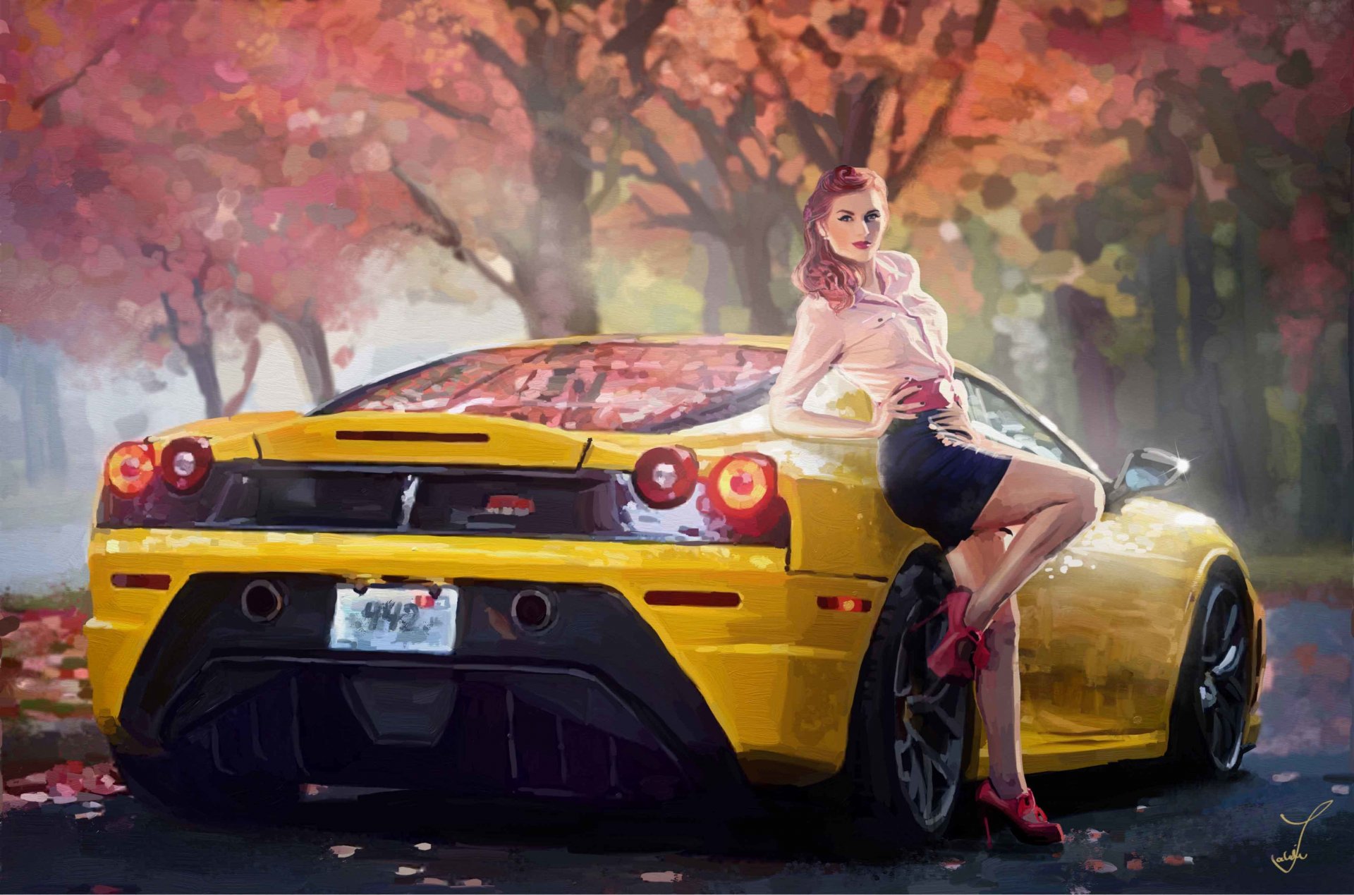 arte ferrari auto ragazza giallo posa strada autunno alberi