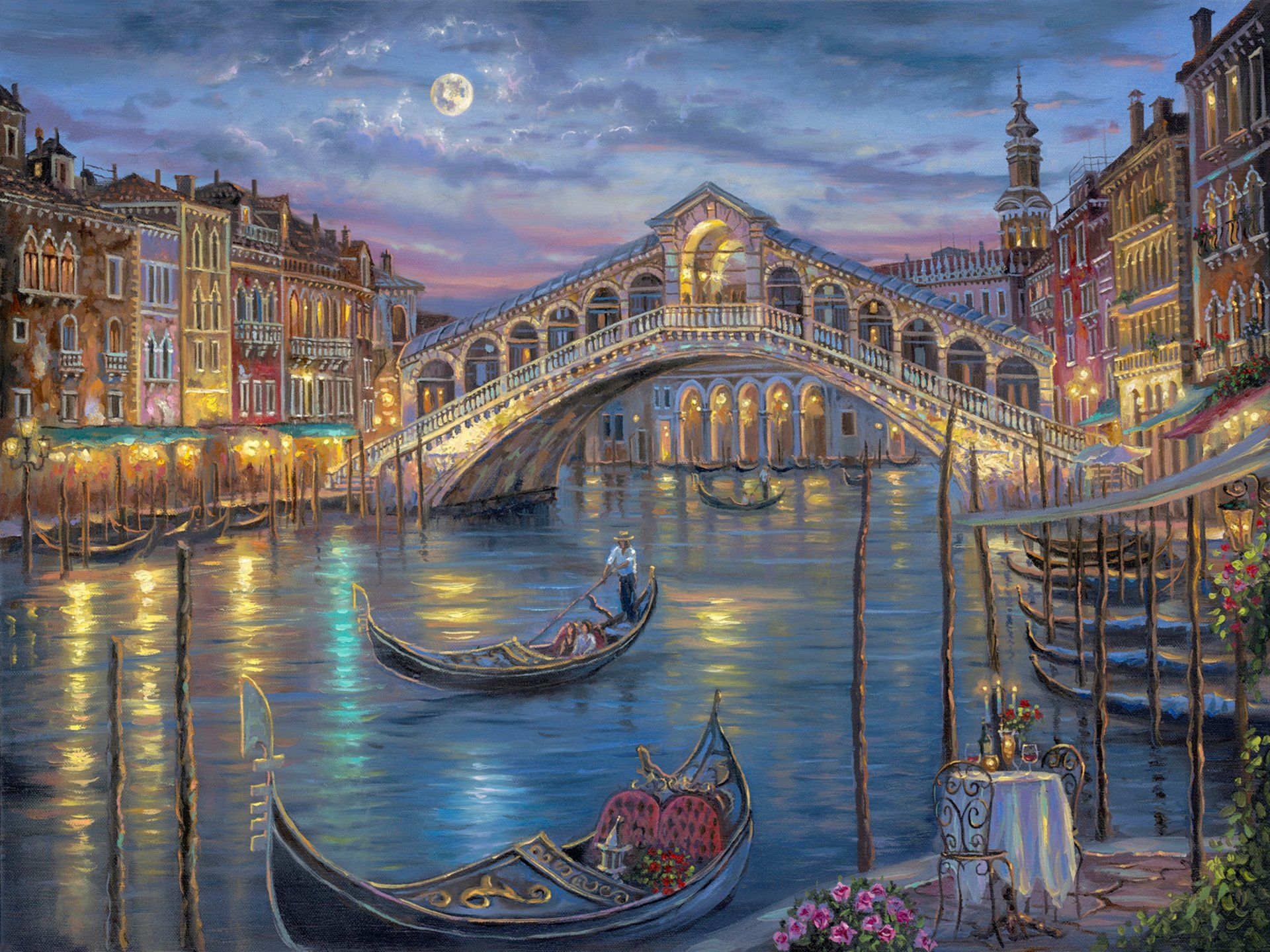 robert finale dernière nuit au grand canal peinture nuit lune venise italie canal pont grand canal gandola table fleurs bougies romance