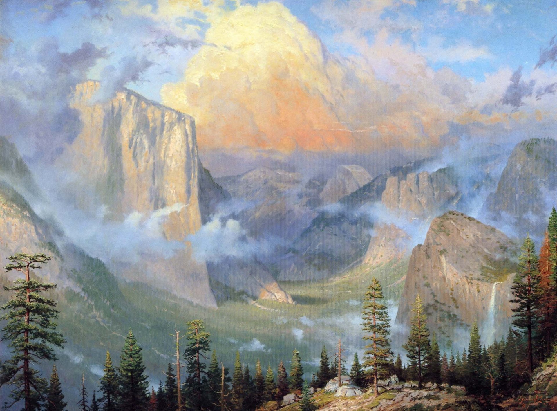 thomas kinkade yosemite valley artists point painting nature mountain forest pine spruce clouds rock