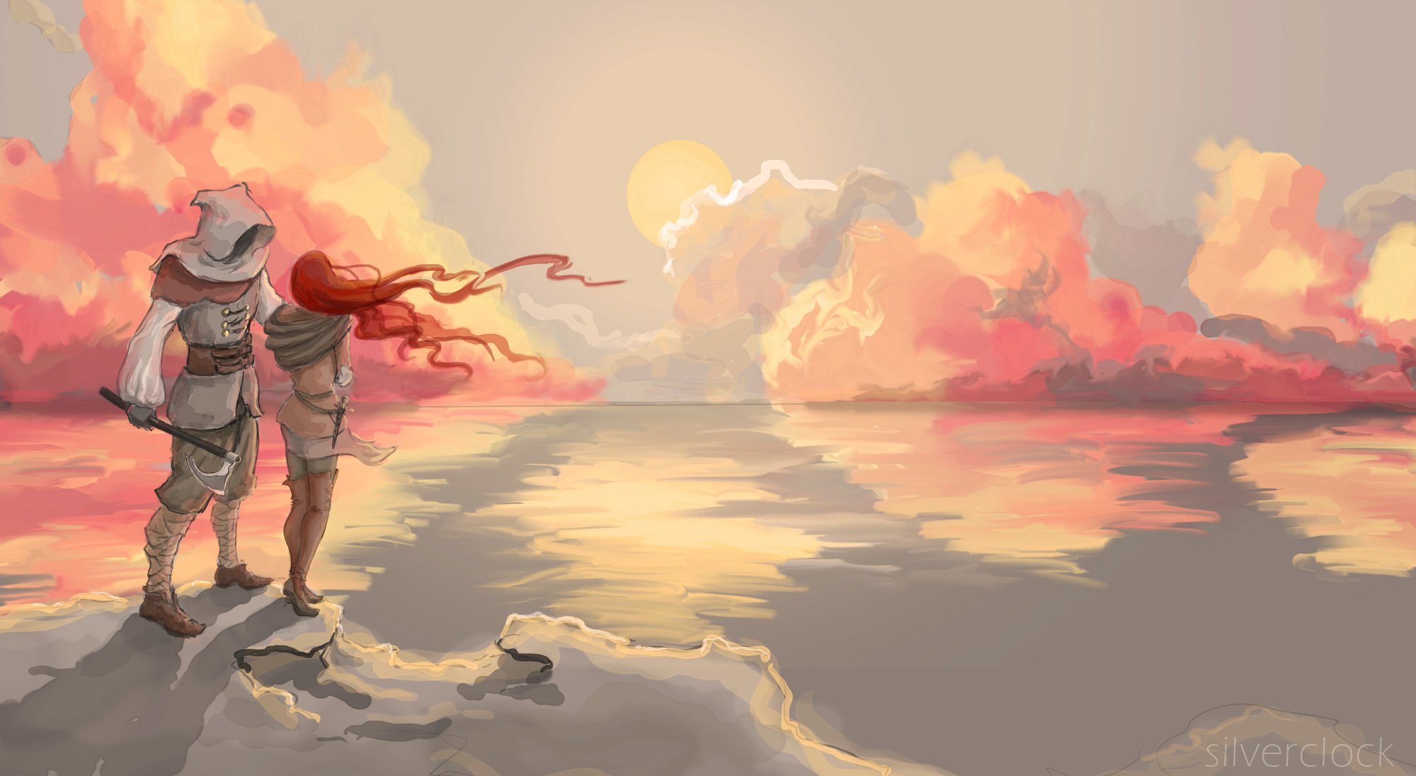 painting landscape reflection sea ocean sky sunset clouds girl red hair guy men weapon shadow