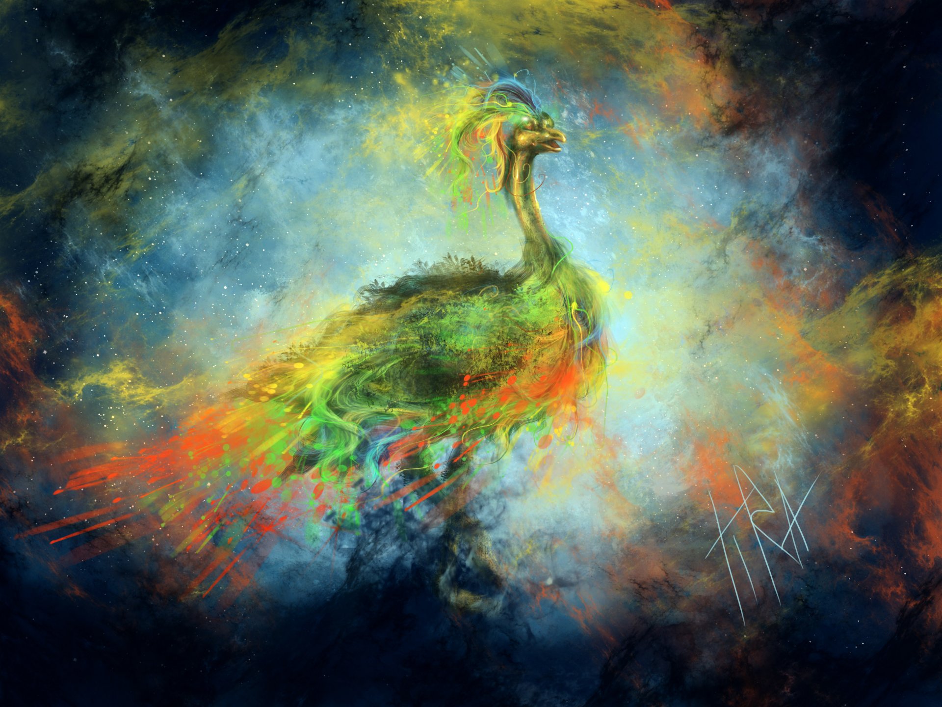 kunst vogel pfau profil farben sterne nebel