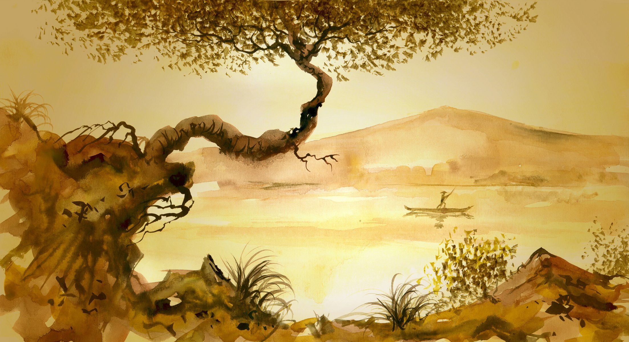 tree grass junk man chinese painting river