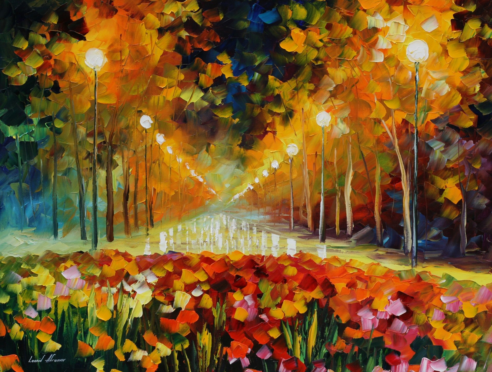 leonid afremov malerei malerei straße lichter licht