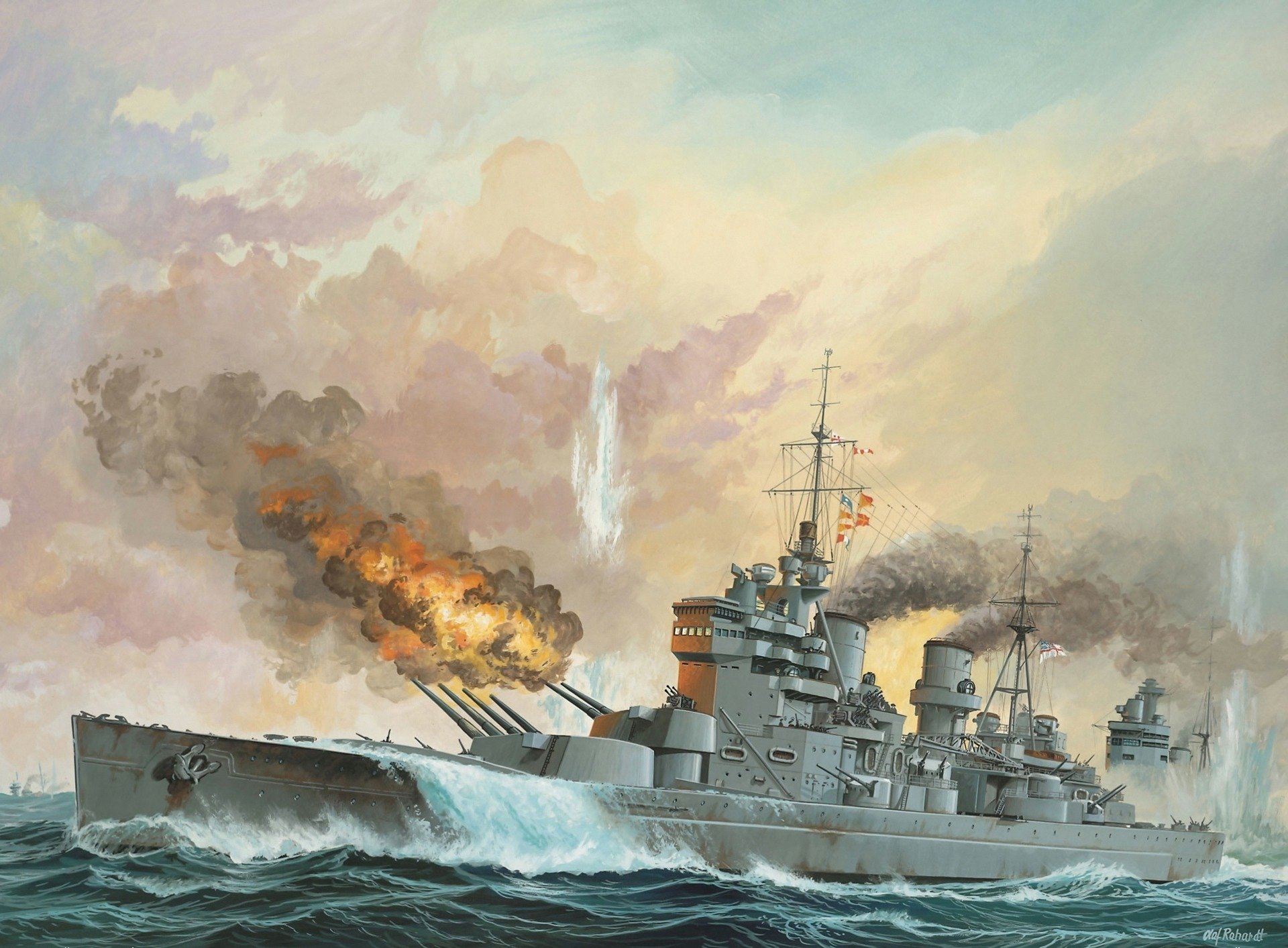 art morze 27 maja 1941 king george v okręt liniowy royal british navy strzały ogień dym bitwa morska z niemieckim pancernik bismarck ww2 rysunek