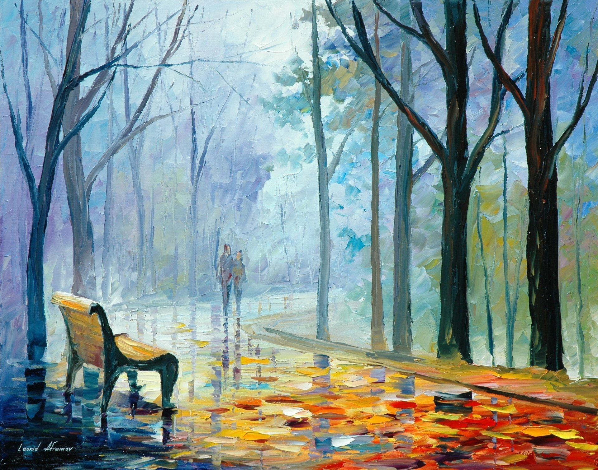 leonid afremov pittura persone coppia ragazzo ragazza negozio alberi foglie autunno