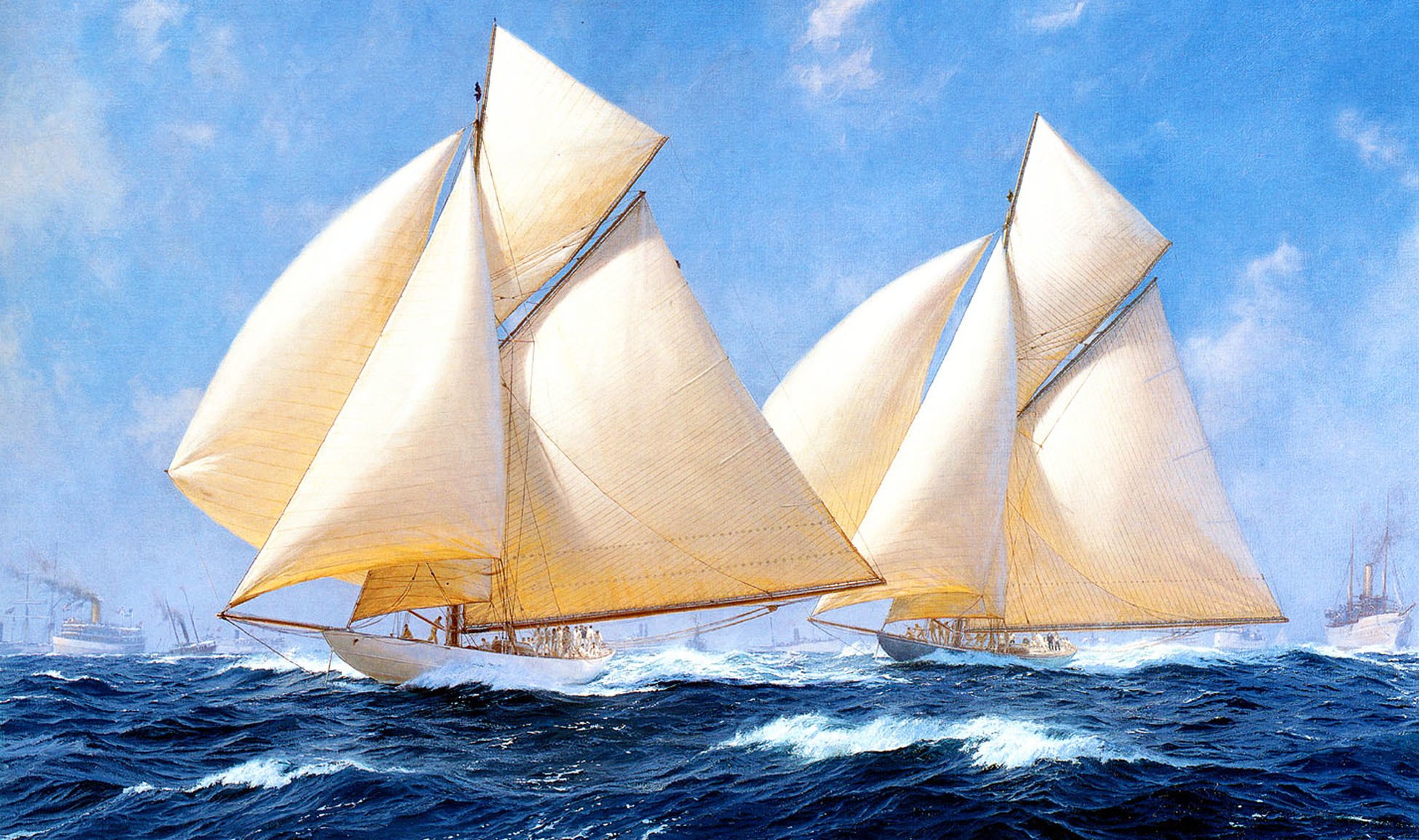 j. stephen ros peinture mer agitée vagues yacht navire voilier ciel nuages