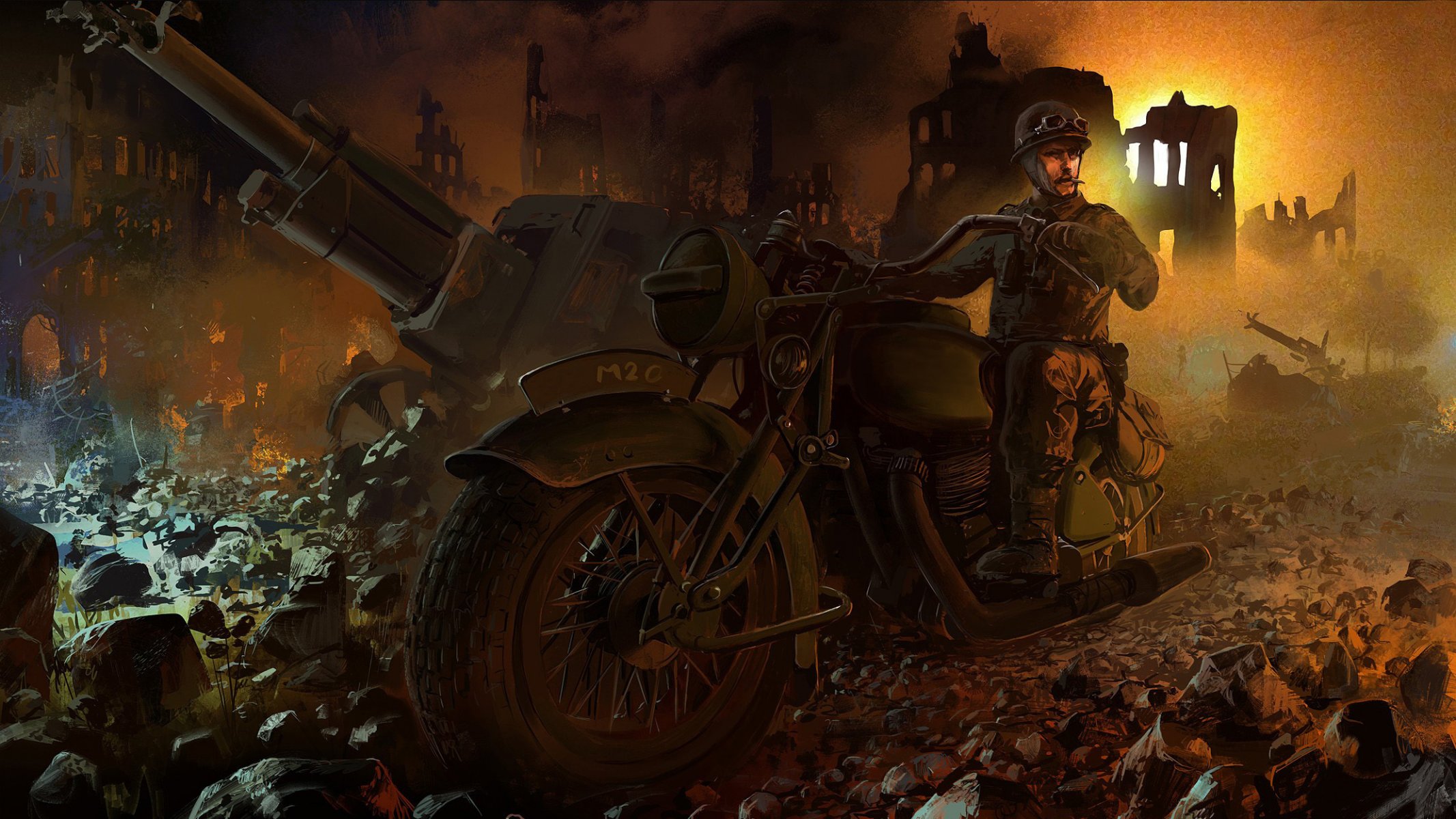 art war destroyed city destroyed gun like ghostly racer racing on british motorcycle bsa m20 scout in part with intelligence ww2