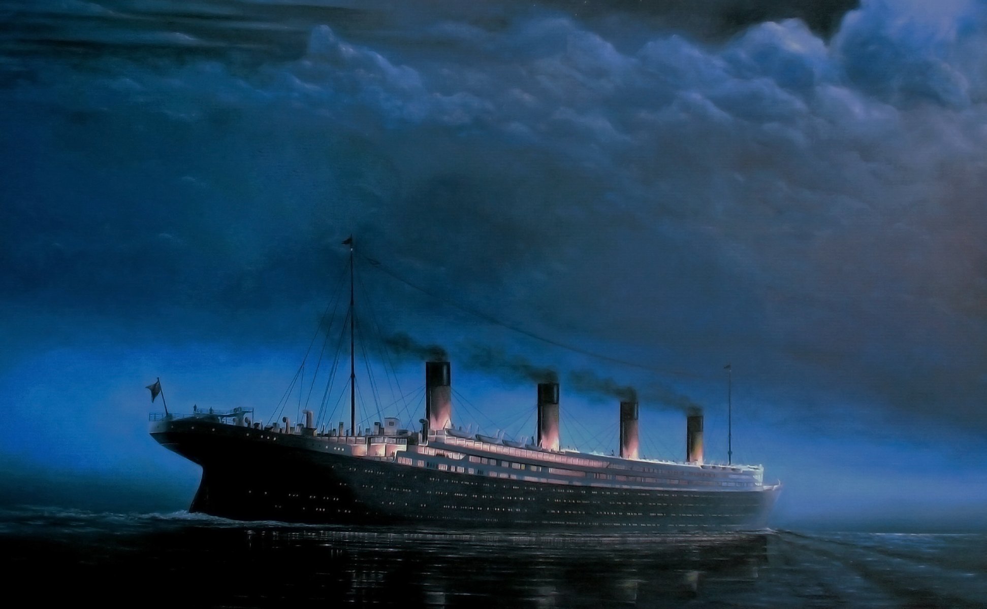 titanic ship liner drawing sea night sky on the move side view clouds reflection