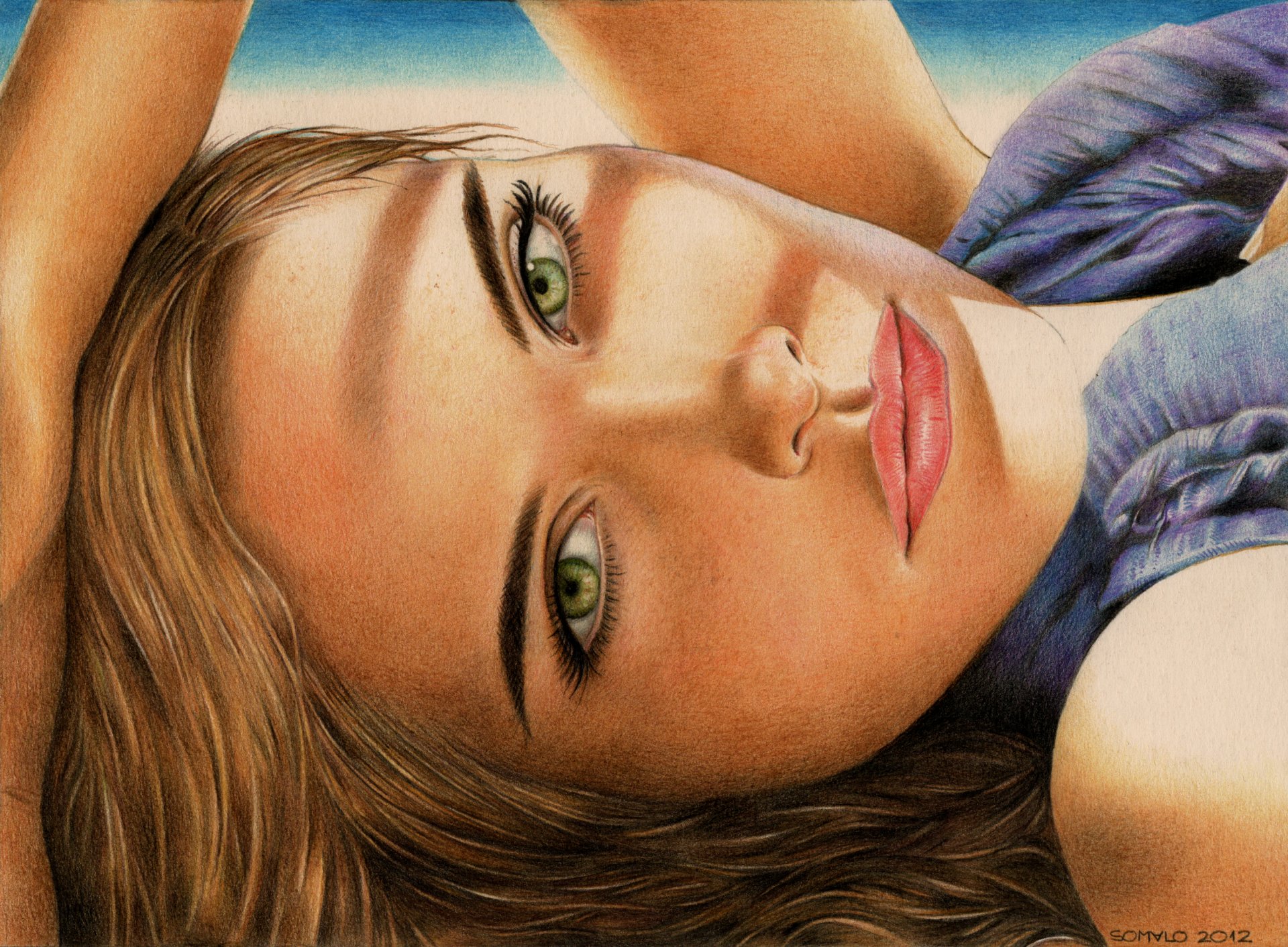 pintura isabel lucas chica cara mirada ojos verdes mano pelo