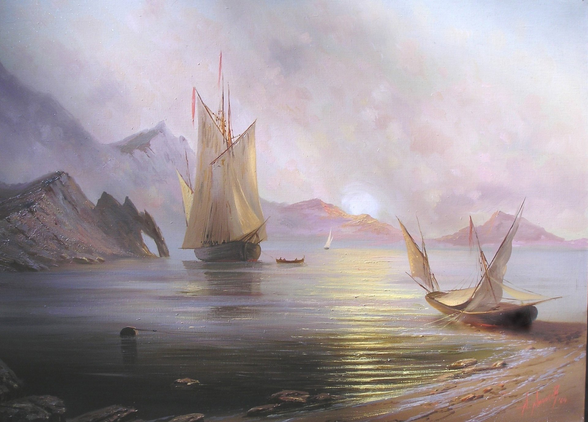 milyukov alexander aube sur la mer paysage soleil aube crimée mer navire bateaux voile montagnes beauté