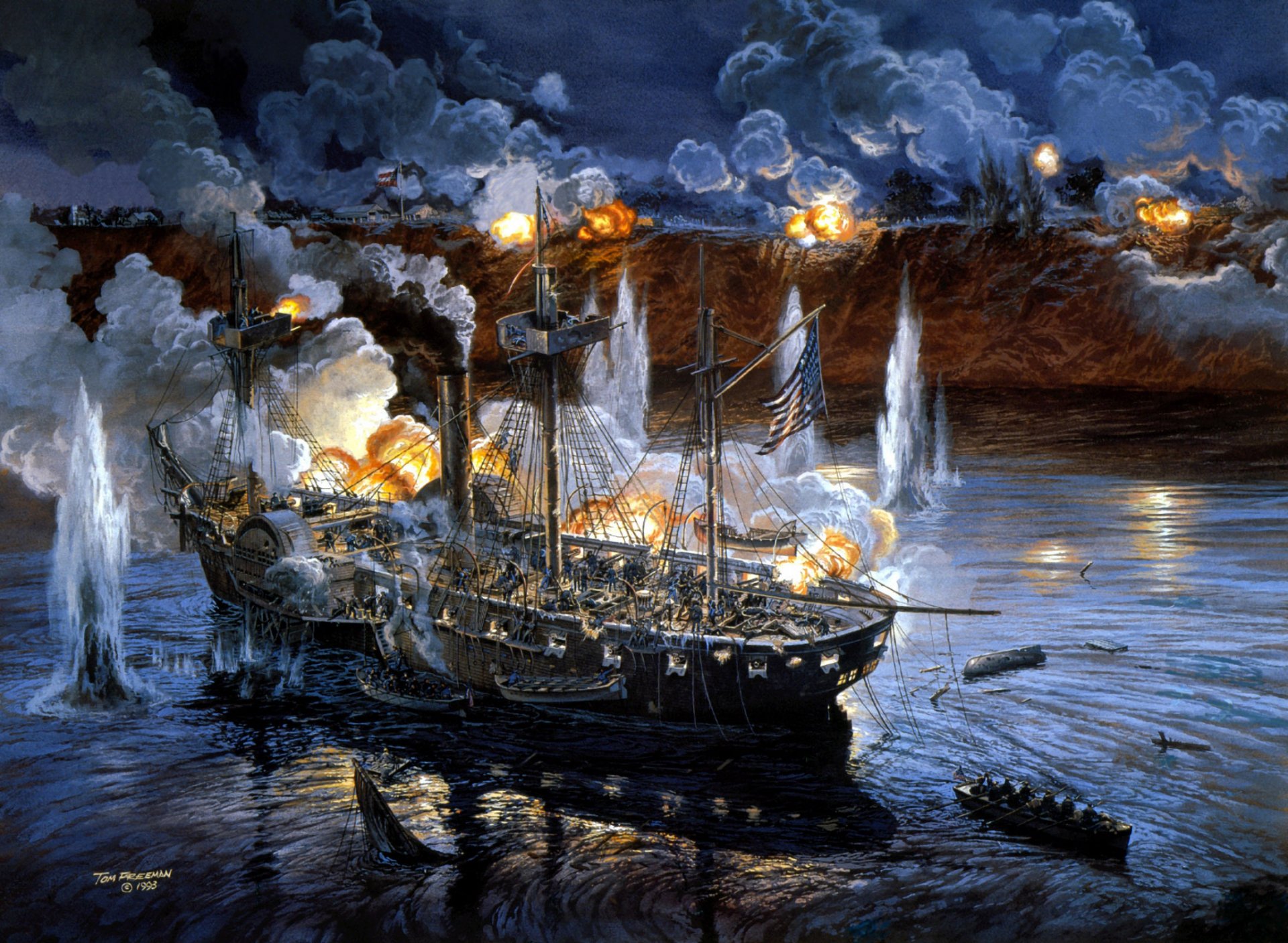 art fleet painting abandon ship ship marine battle volleys guns by coastal positions enemy artist tom freeman