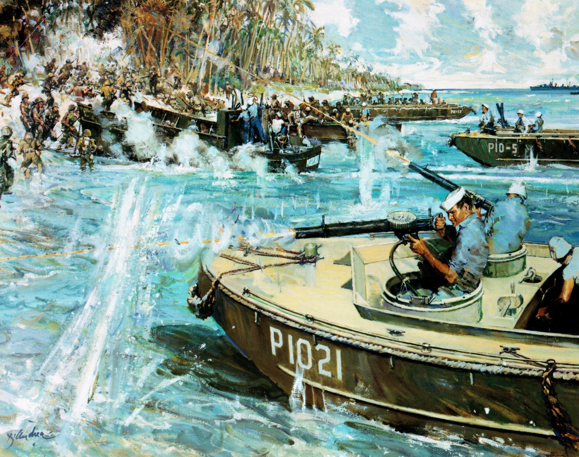 art okinawa 1945 débarquement troupes américaines parachutistes bateaux lcp l avec deux 7mm mitrailleuses plates-formes lcvp marines attaque coups de feu ww2 dessin