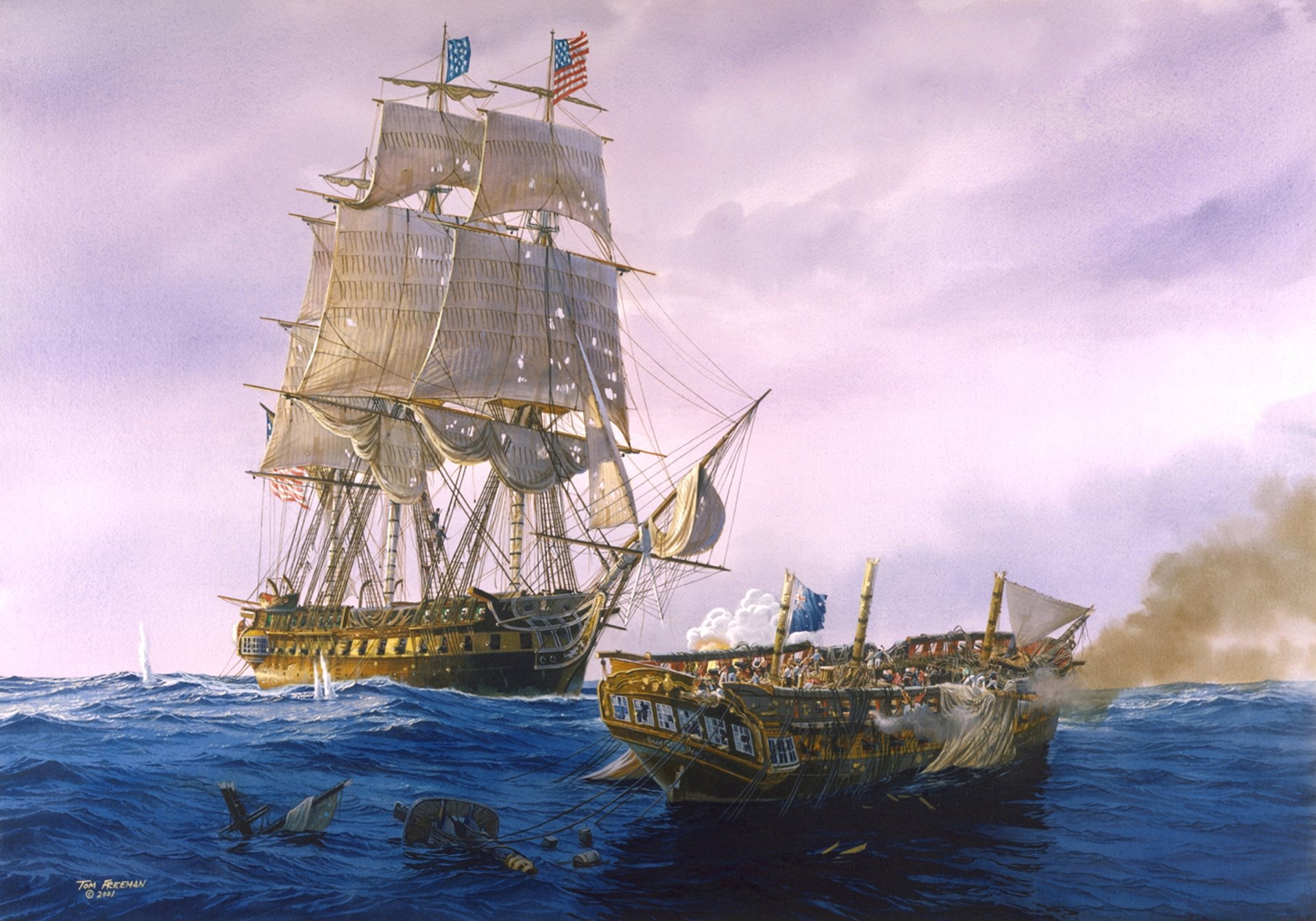 arte batalla naval barcos veleros mar olas cielo nubes pintura artista tom freeman