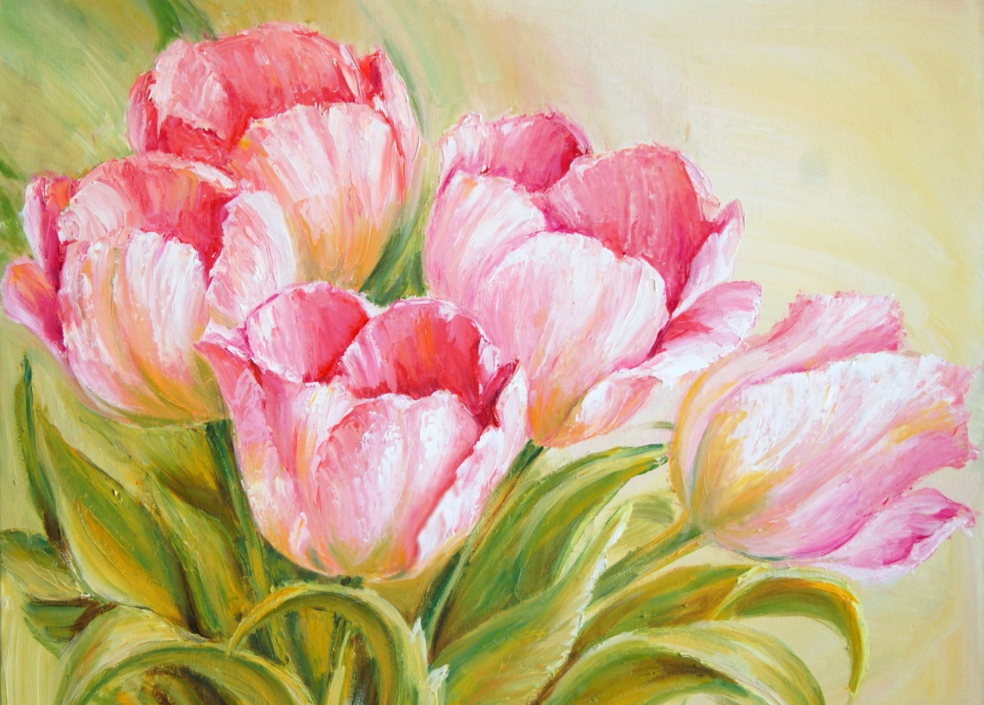 tulips spring flower pink bouquet leaves pattern paint painting