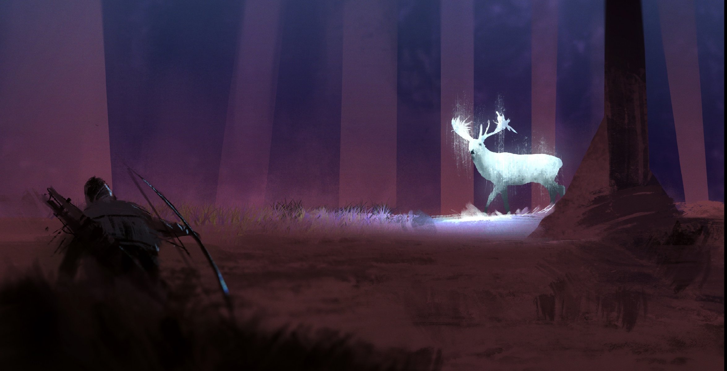 art reindeer hunter torment tree grass forest night