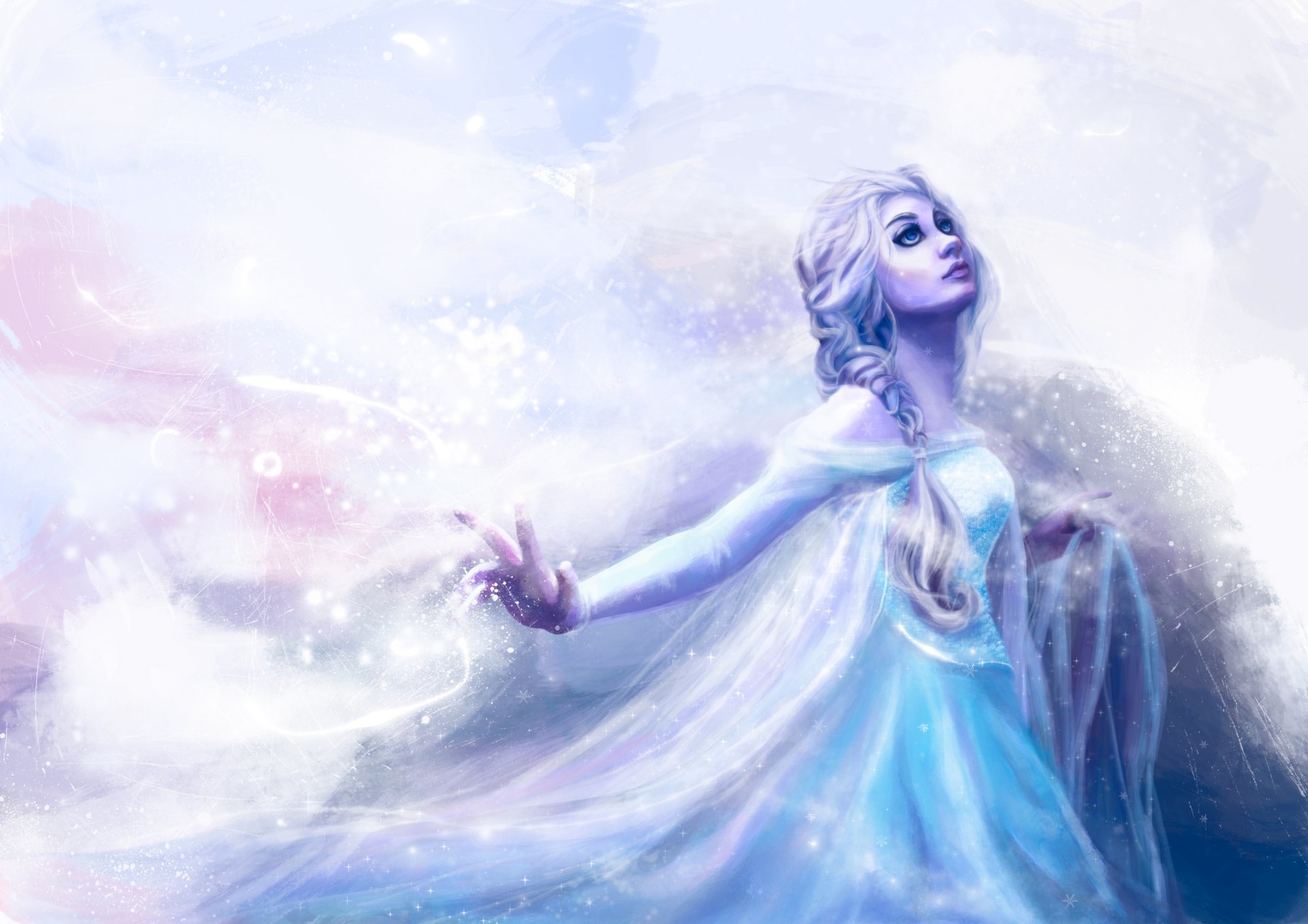 now queen elsa frozen walt disney art girl view make-up hair spit dress hand cool snow blizzard