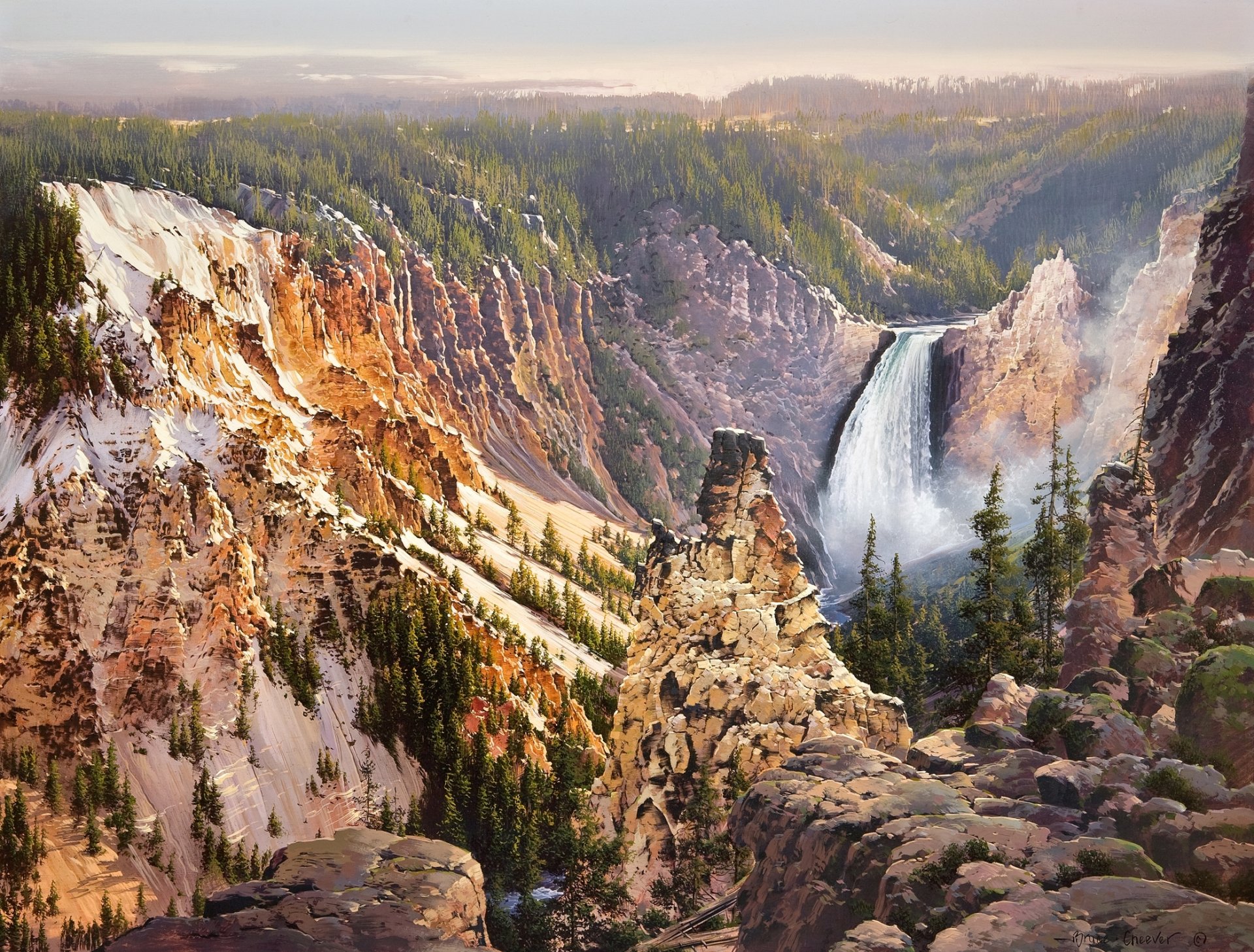 bruce cheever power and grace lower falls of the yellowstone painting nature yellow mountain mountain waterfall