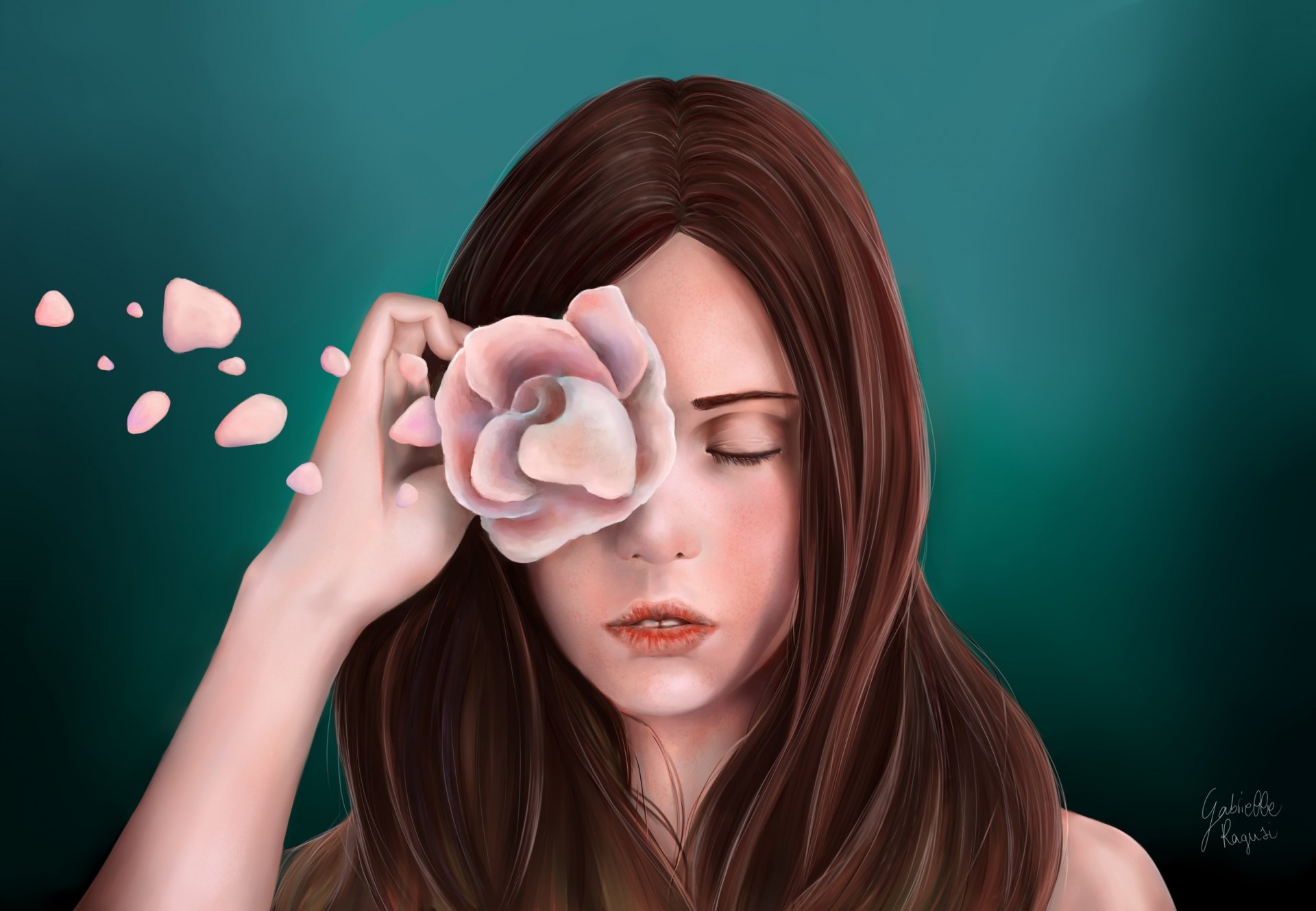 gabrielle ragusi pintura arte chica ojos cerrados pelo cara mano flor rosa pétalos fondo verde