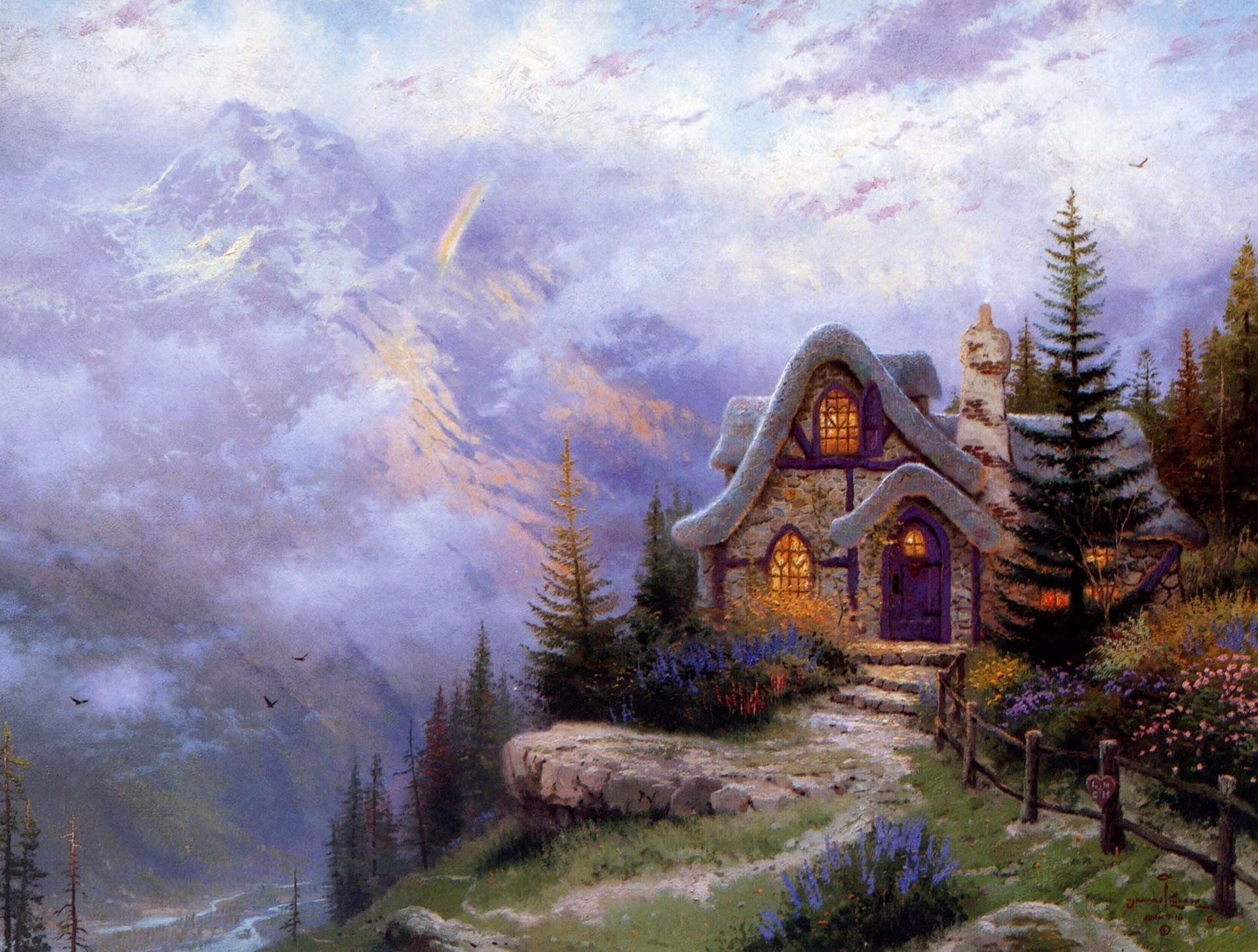 thomas kincaid cottage mignon iii peinture maison pierre chalet montagnes paysage pente de montagne sapin